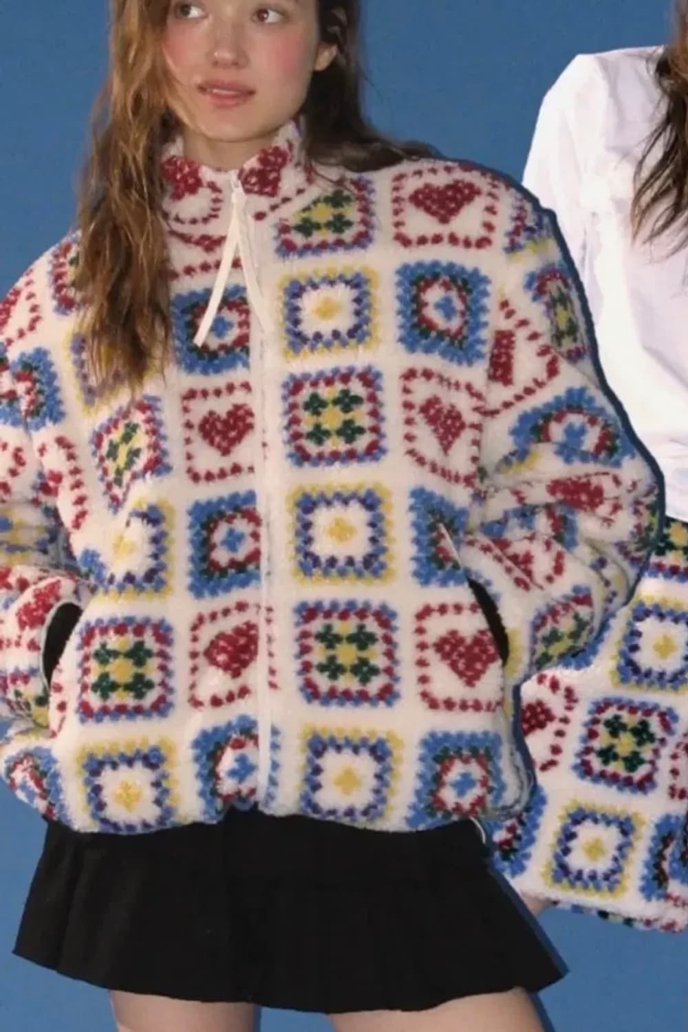 론론 하트 크로셰 패턴 플리스 자켓 아이보리 상품이미지1