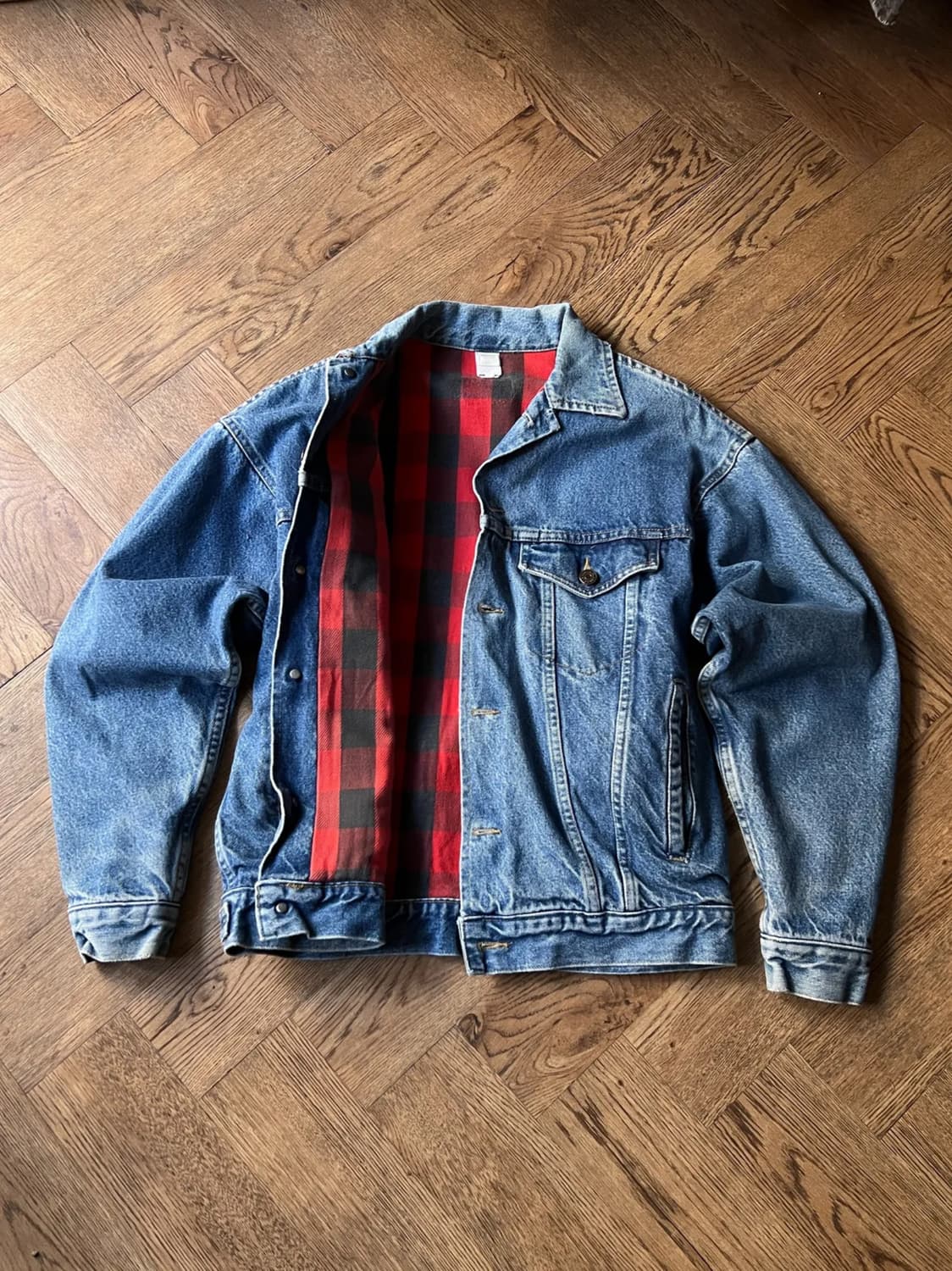 [S]90's USA 빈티지 버팔로 체크 라이닝 데님 트러커 자켓 상품이미지1