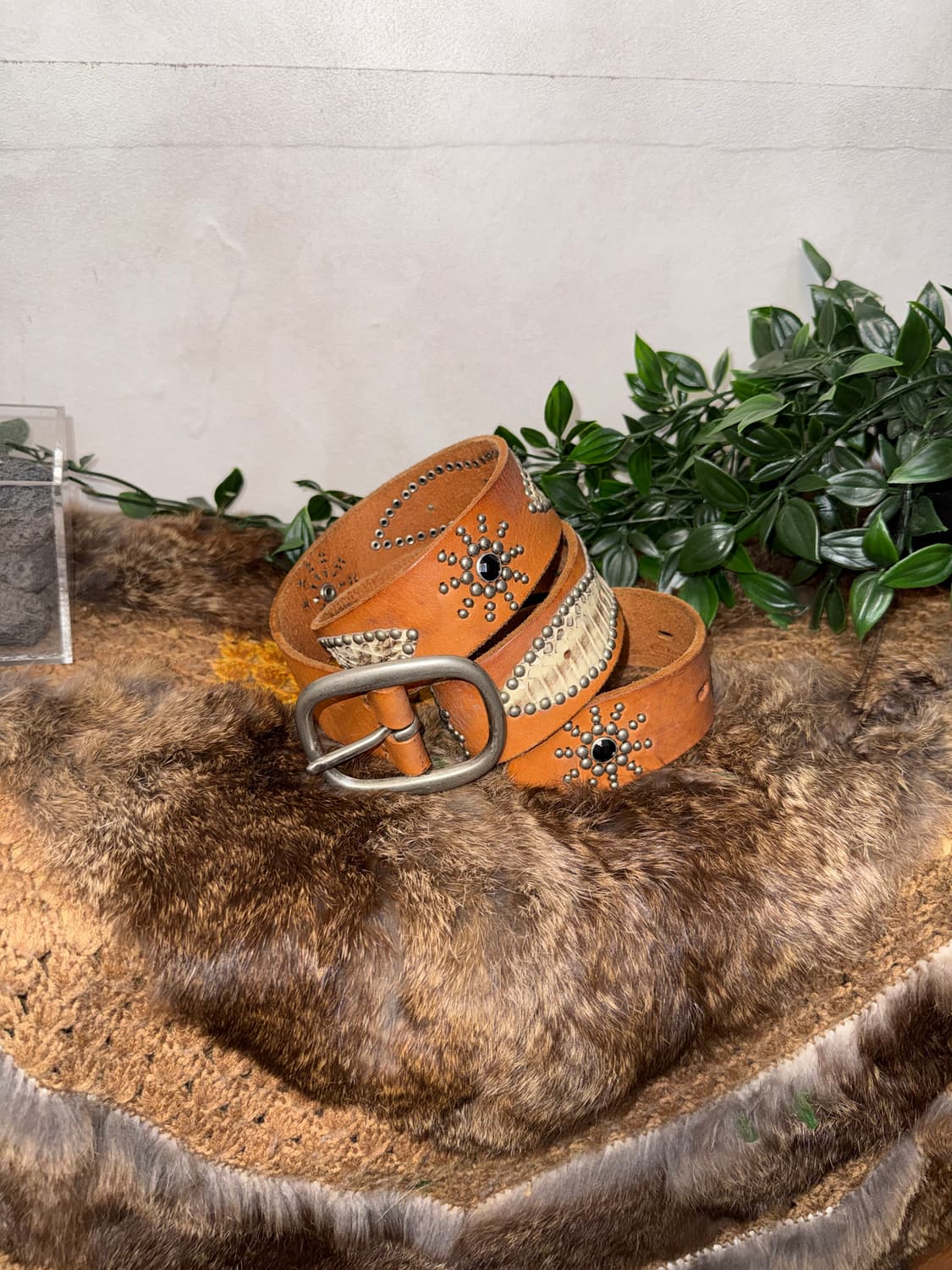 Brown western stud python leather belt 상품이미지2