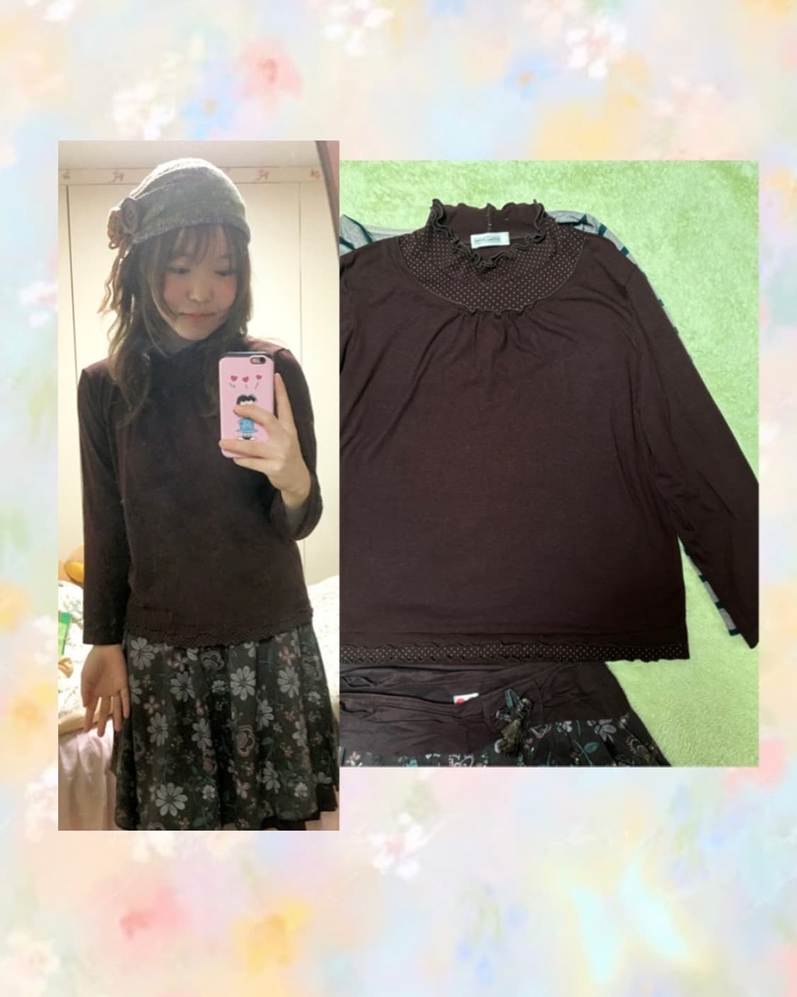 일본 빈티지 모리걸 패턴 플로럴 스커트 + 크로셰 가디건 + 뜨개모자 상품이미지5