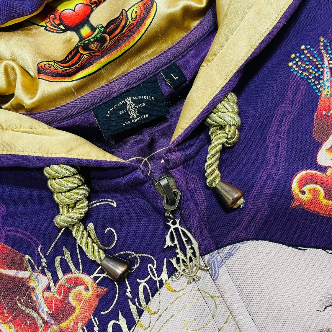 크리스찬 오디저 골드 체인 스컬 스터드 퍼플 후디 집업 상품이미지5