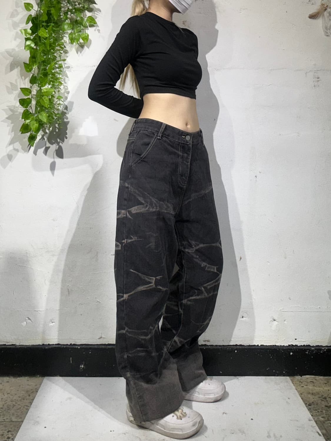 일본 빈티지 패턴 워싱 와이드 스트릿 와이드 흑청 데님 청바지  상품이미지1