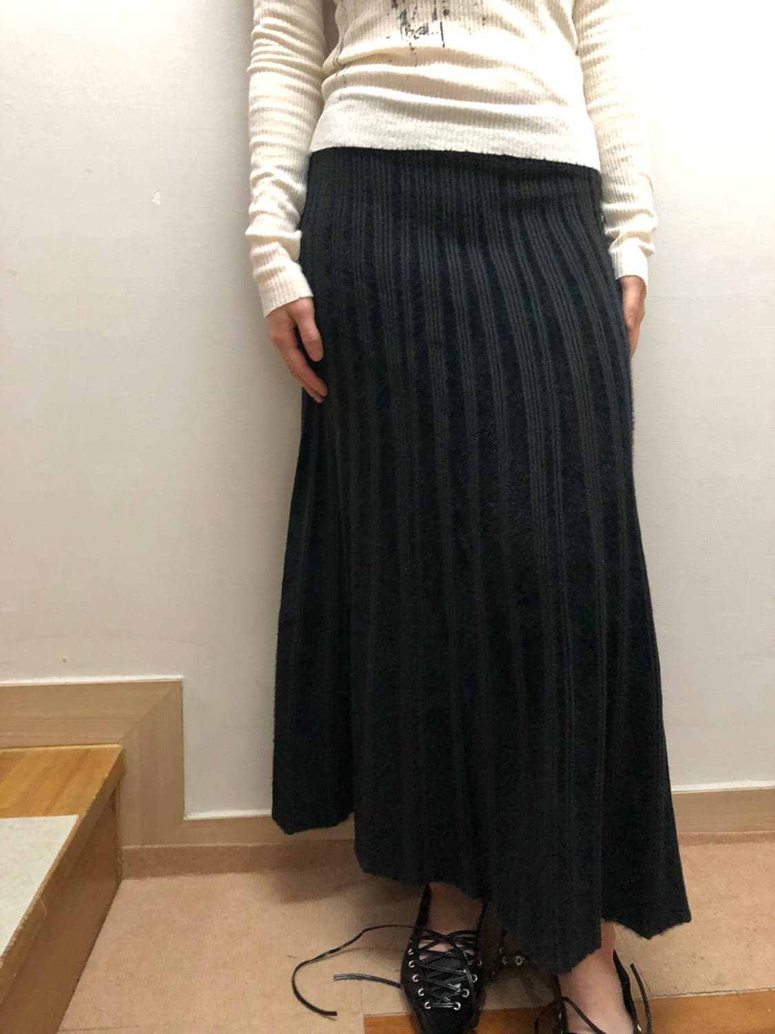 빈티지 블랙 스트라이프 롱 니트 스커트 상품이미지2