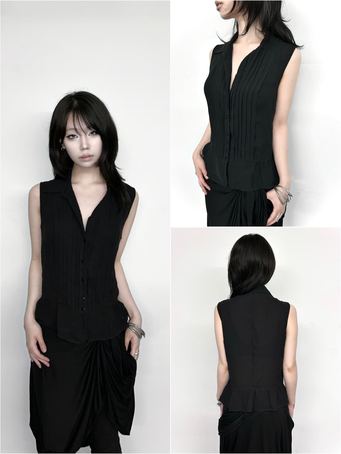 Armani collezioni 플리츠 시스루 슬리브리스 셔츠 상품이미지1