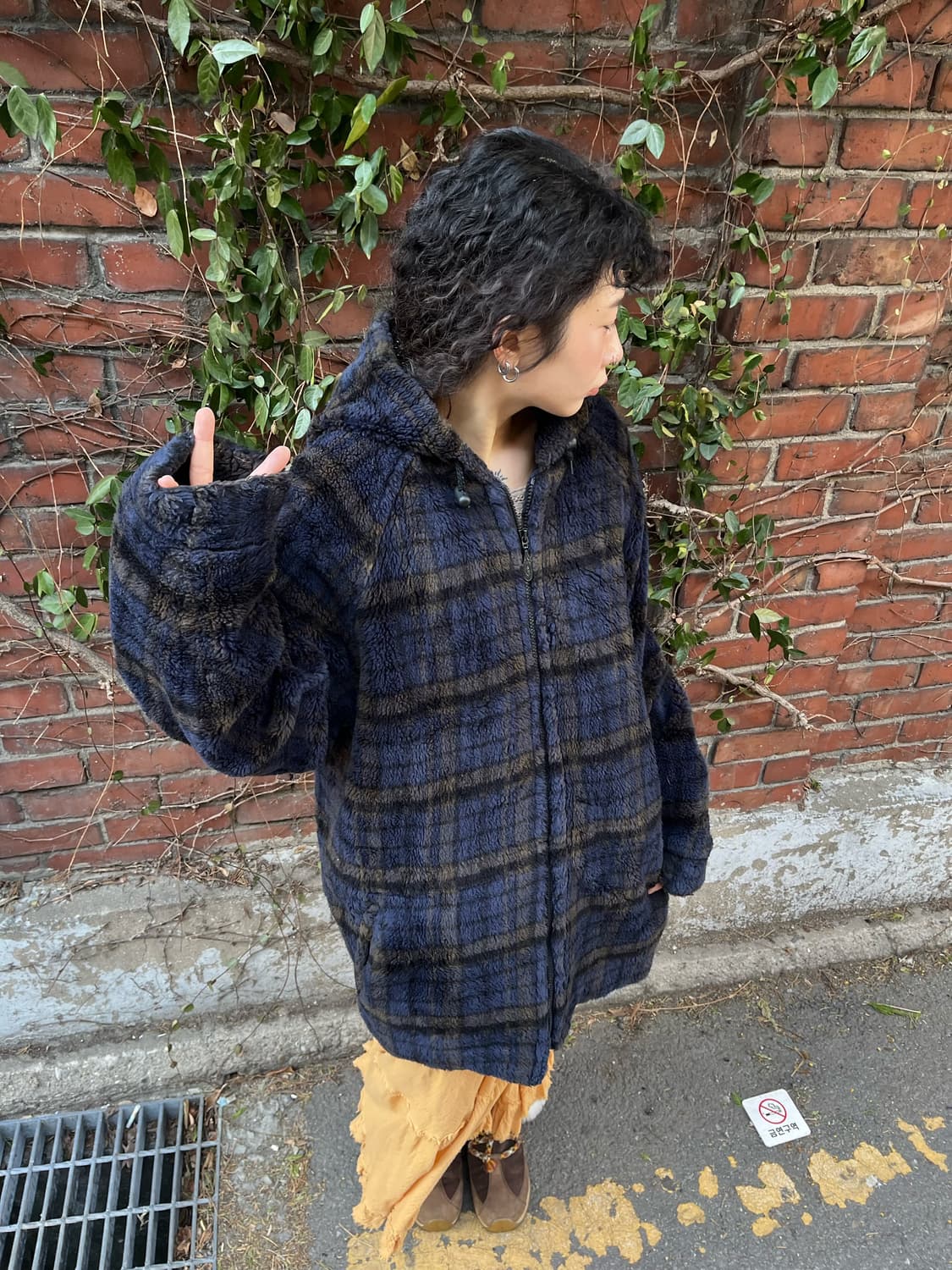 Piko 블루 체크 오버핏 플리스 집업 아우터 상품이미지4