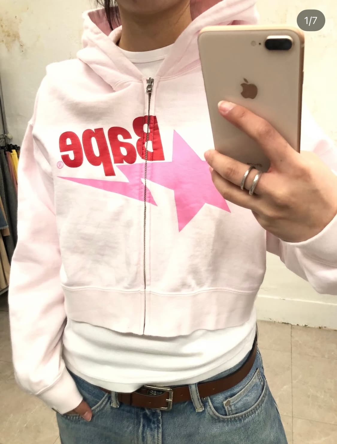 베이프 스타 딸기우유 크롭 후드집업 상품이미지1