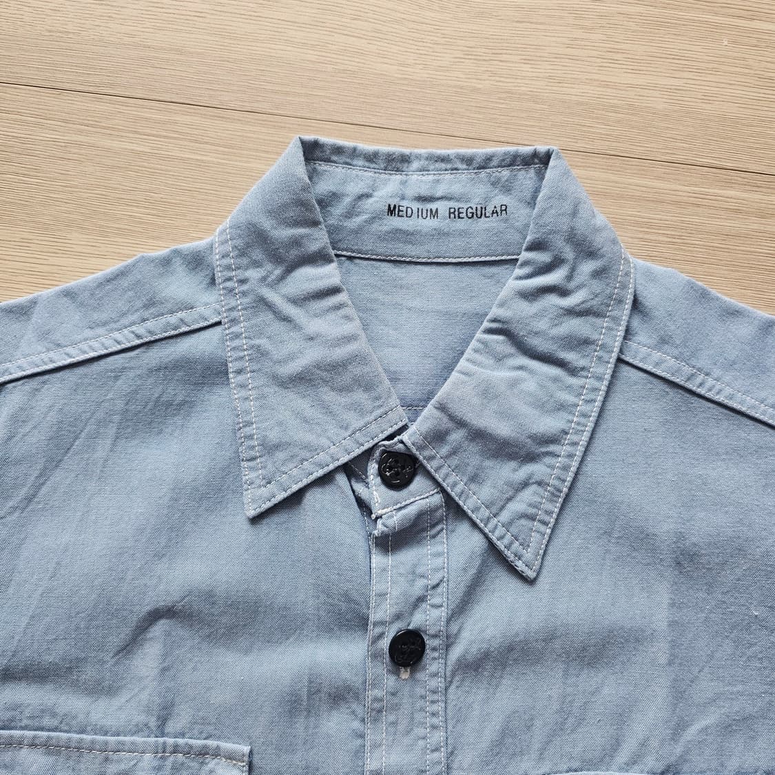 95 M ) 마린버튼 반팔 셔츠 연청 라이트블루 워싱 마린룩 상품이미지3