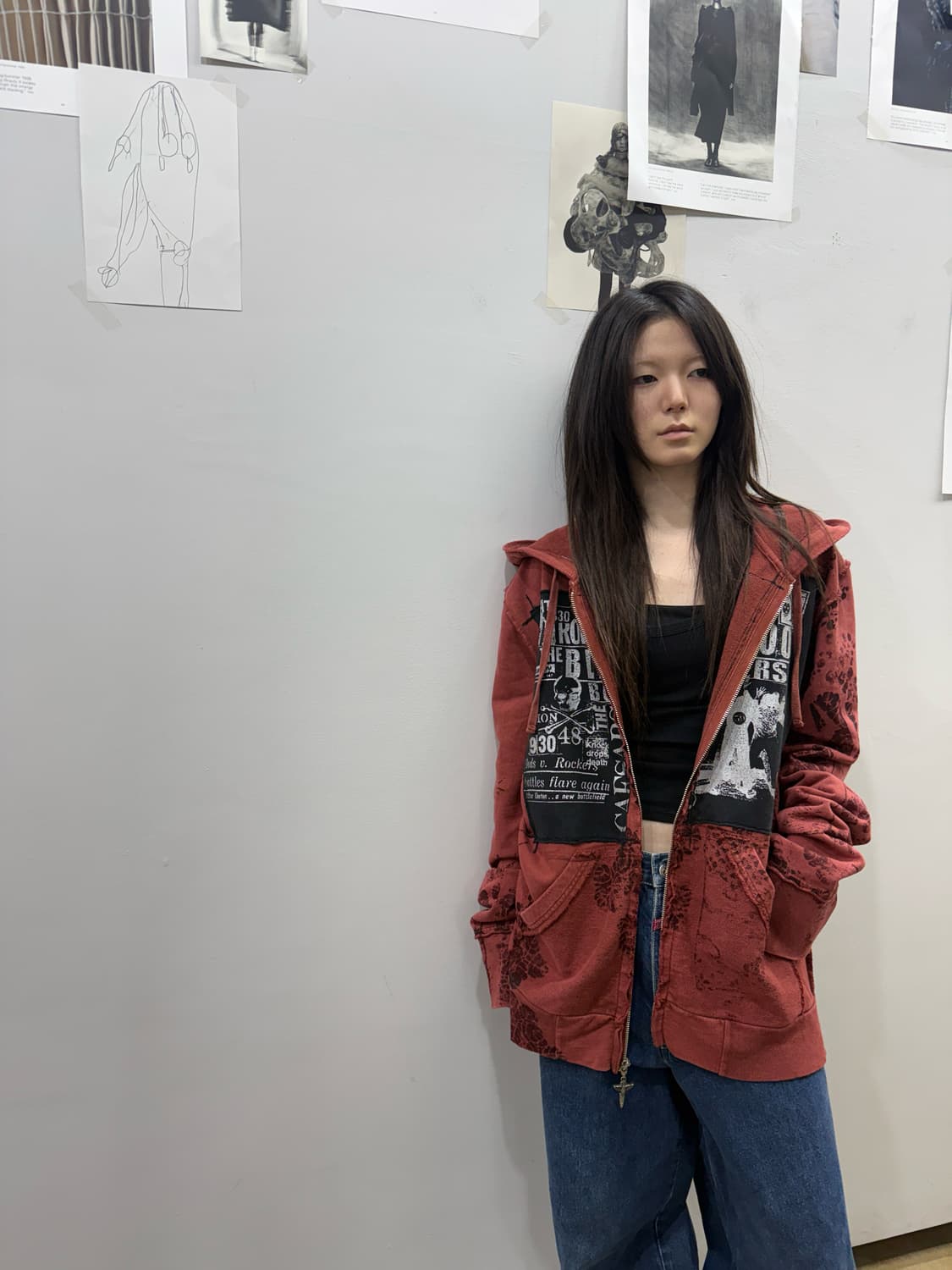 셀비지 버건디 그런지 후드집업 상품이미지5
