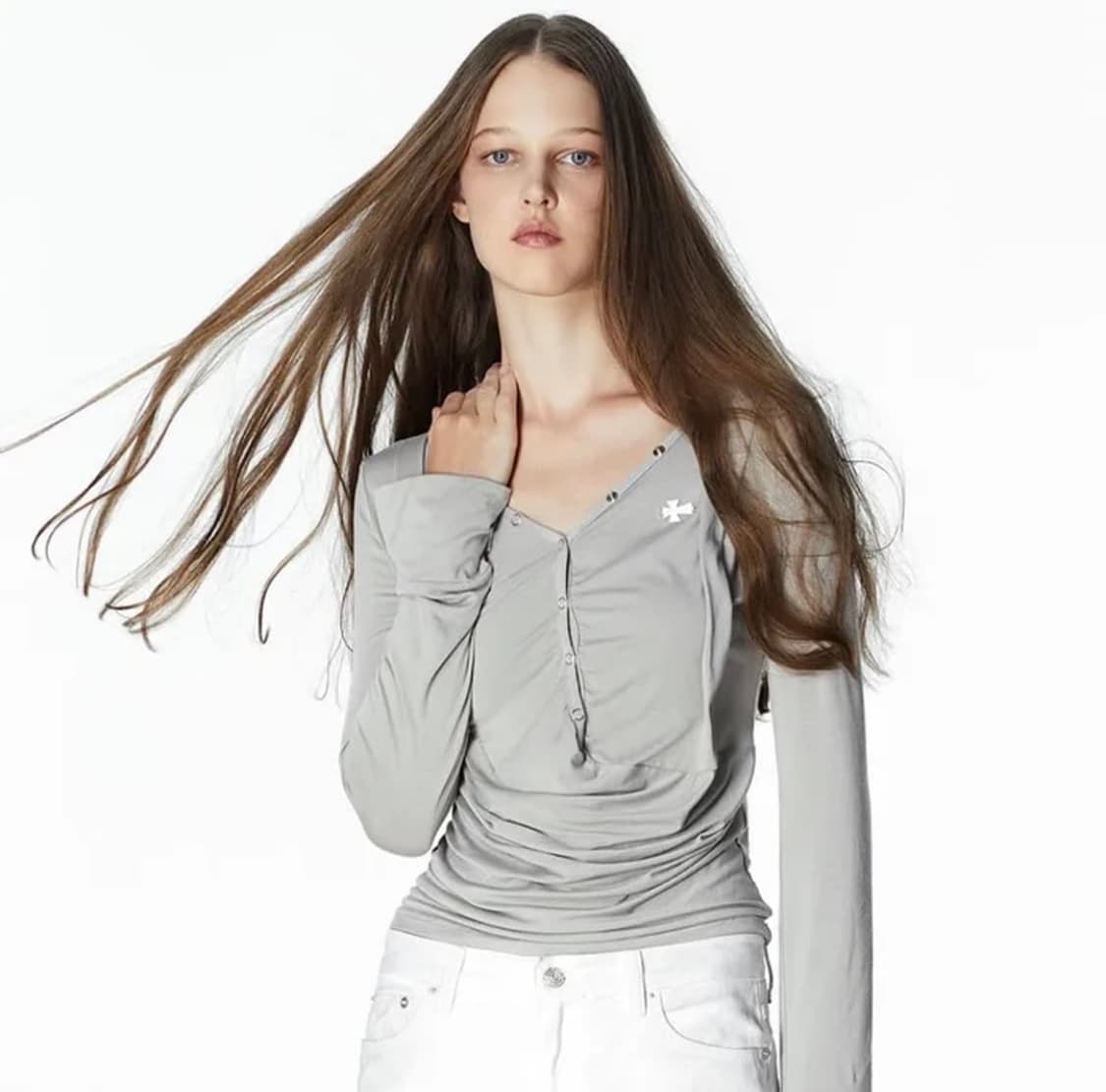 DRAPED HENLEY TOP MOCHA 상품이미지1