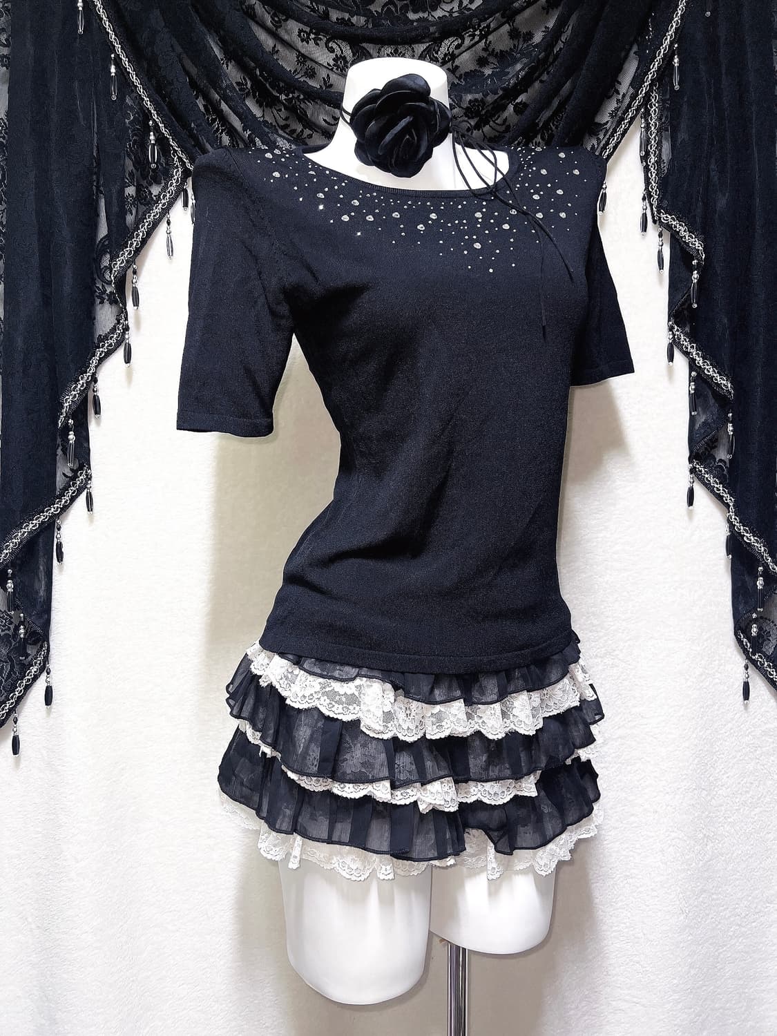 로맨틱고딕 오네갸루 블랙 큐빅 반팔 로걀탑 핀터 다크페어리 공겜 오리엔탈 상품이미지1