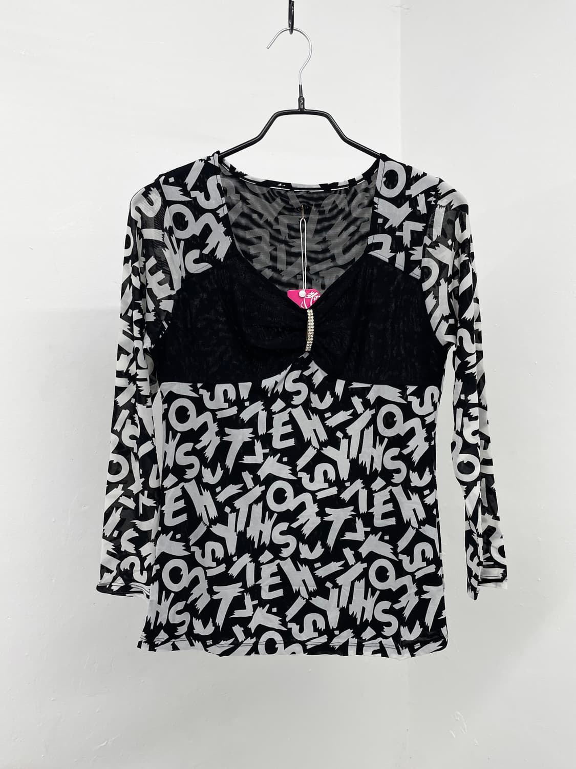 갸루 레터링 큐빅 리본 탑 상품이미지5