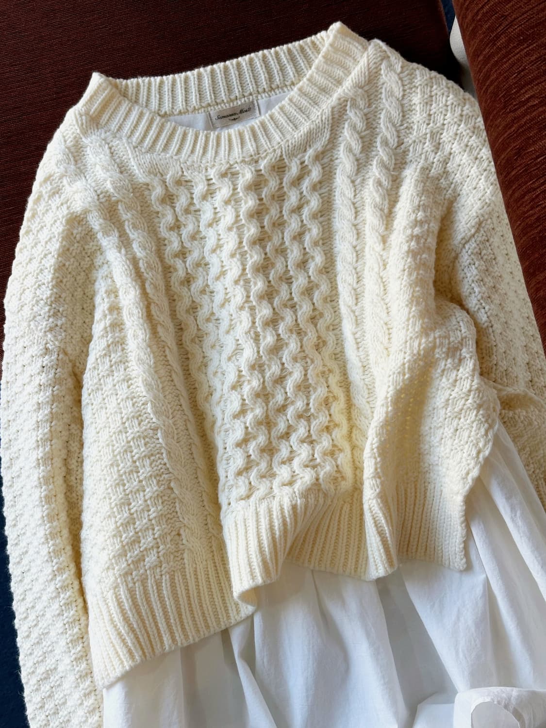 Fake layered crew neck wide woven knit P 상품이미지3