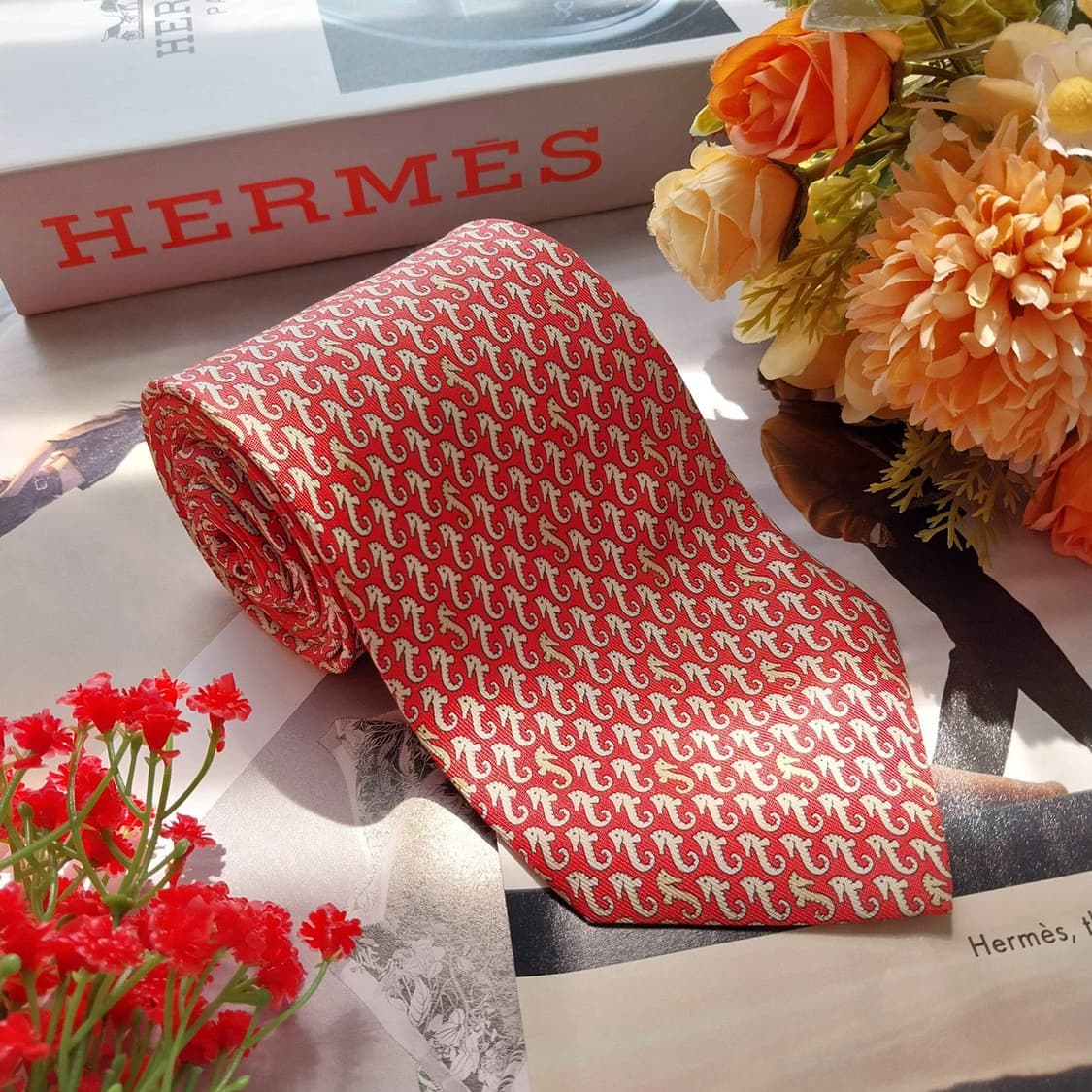 에르메스 실크 레드 해마 패턴 넥타이 9.0cm A+등급 K2548 상품이미지3