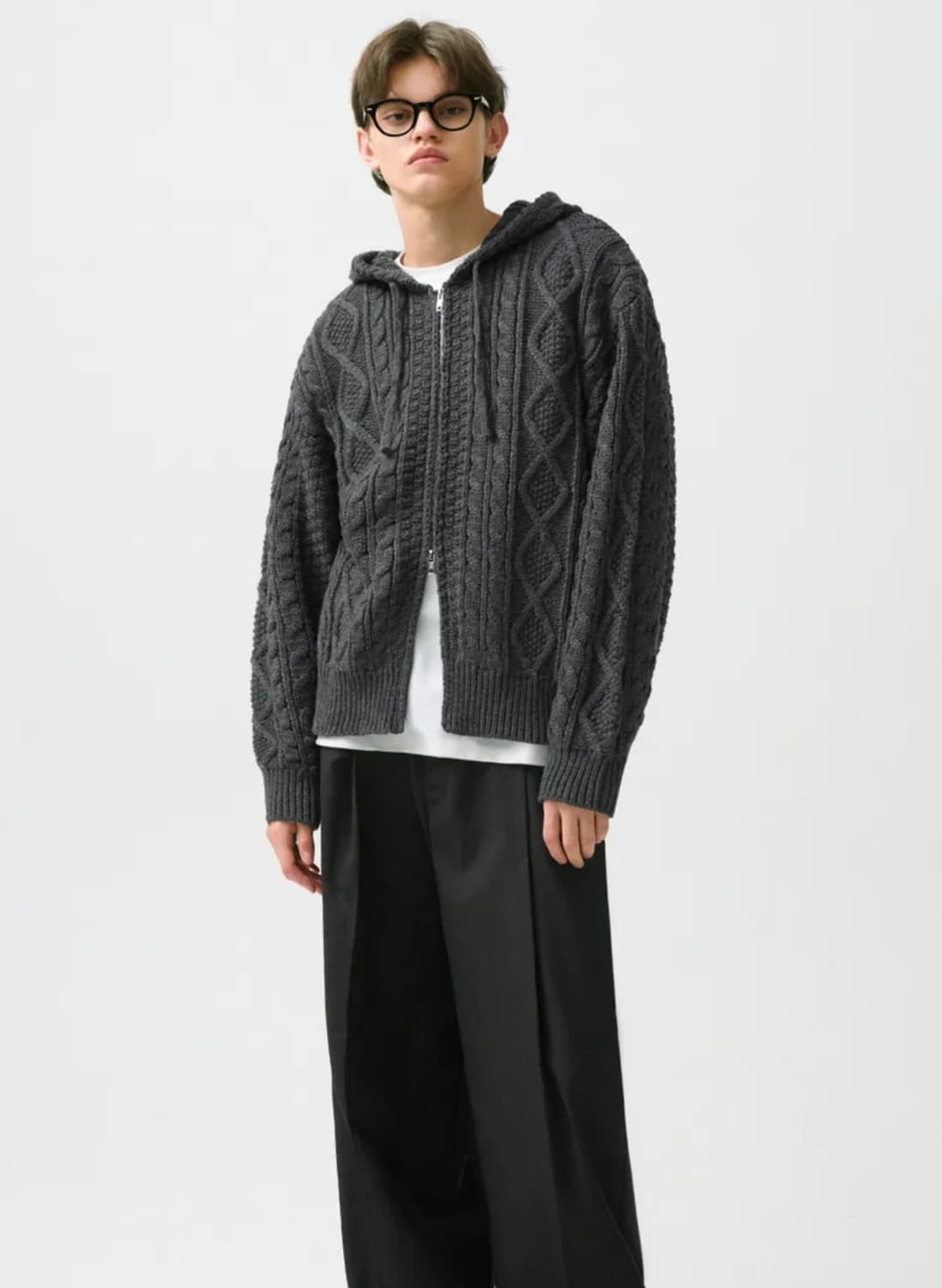케이블 니트 후드 집업 상품이미지1