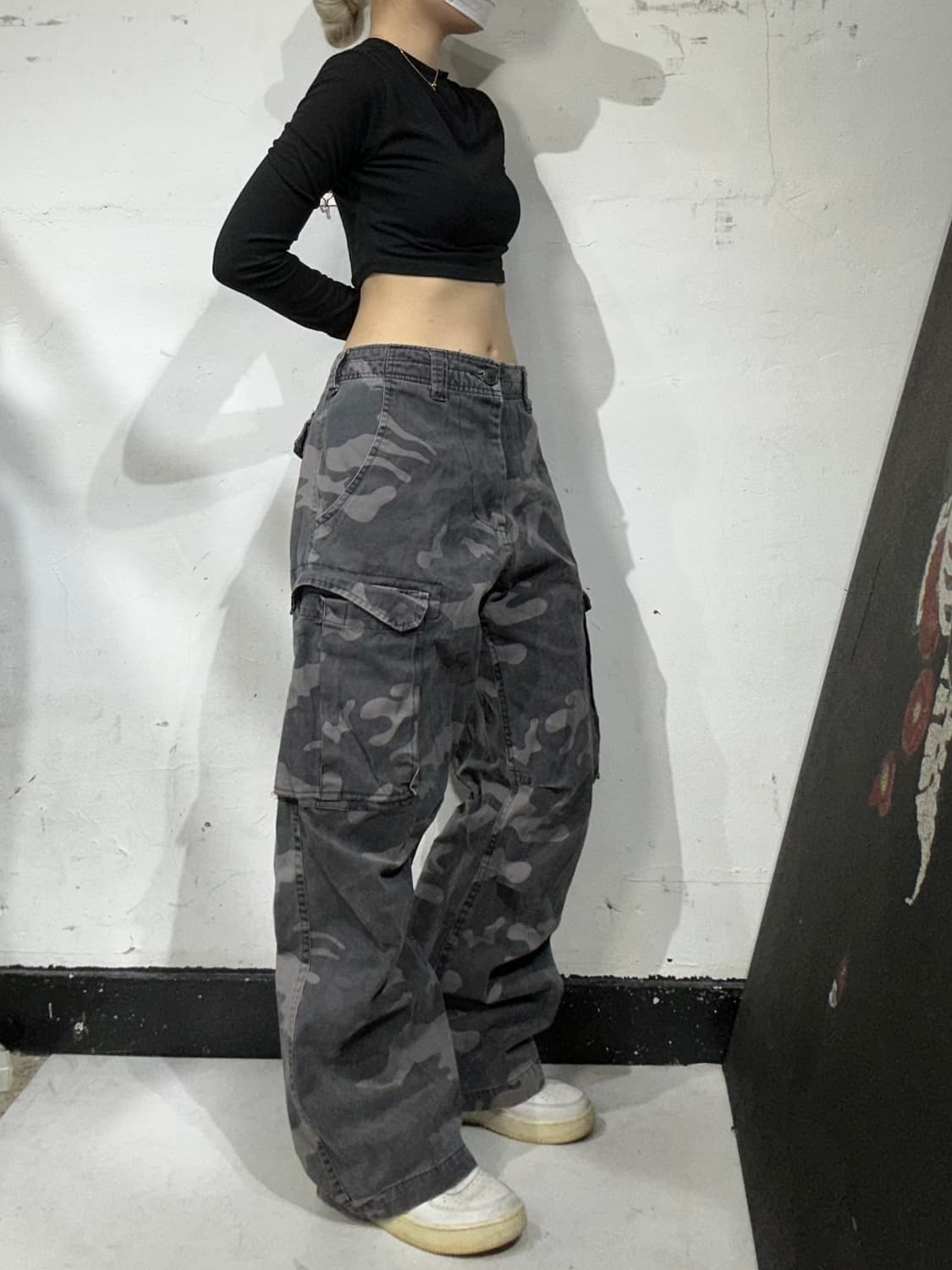 빈티지 그레이 밀리터리 카모 와이드 카고 팬츠 L 상품이미지1