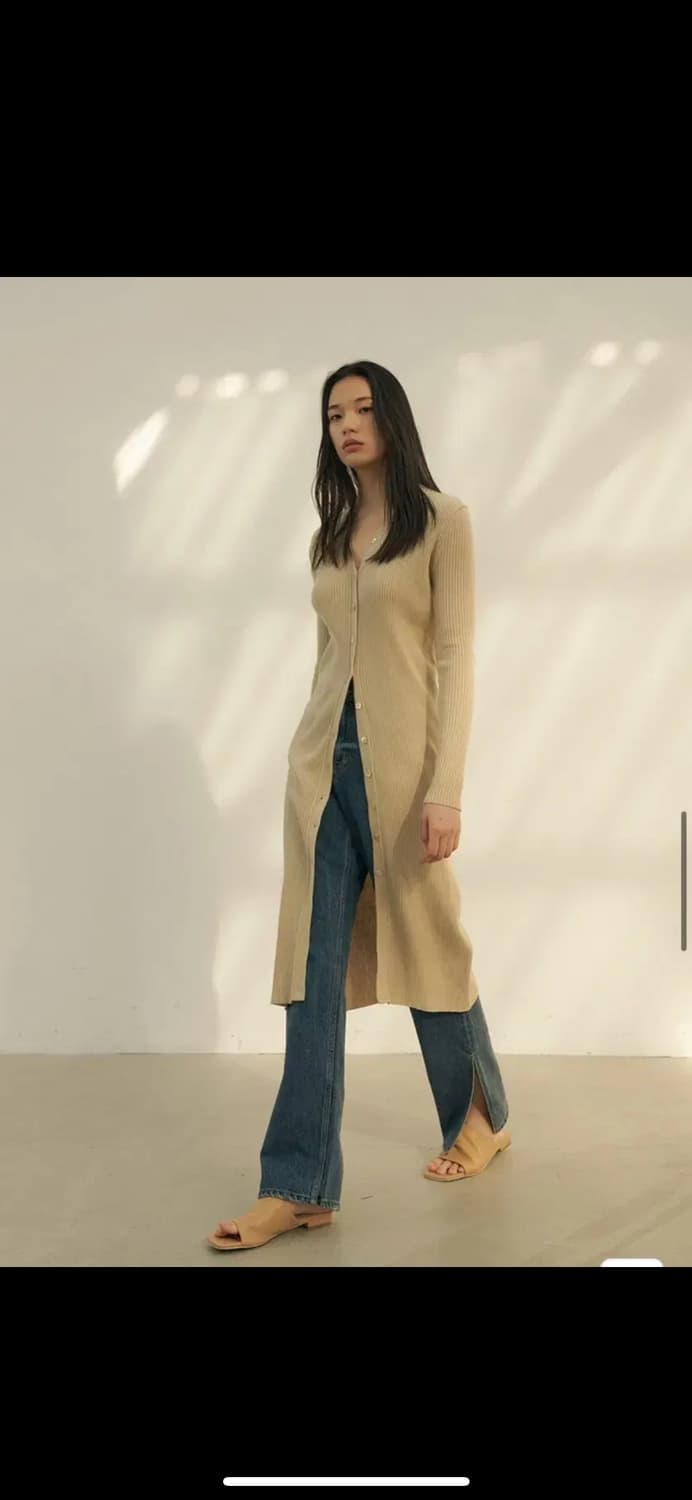 레미 slim fit rib-kint long cardigan 베이지 상품이미지5