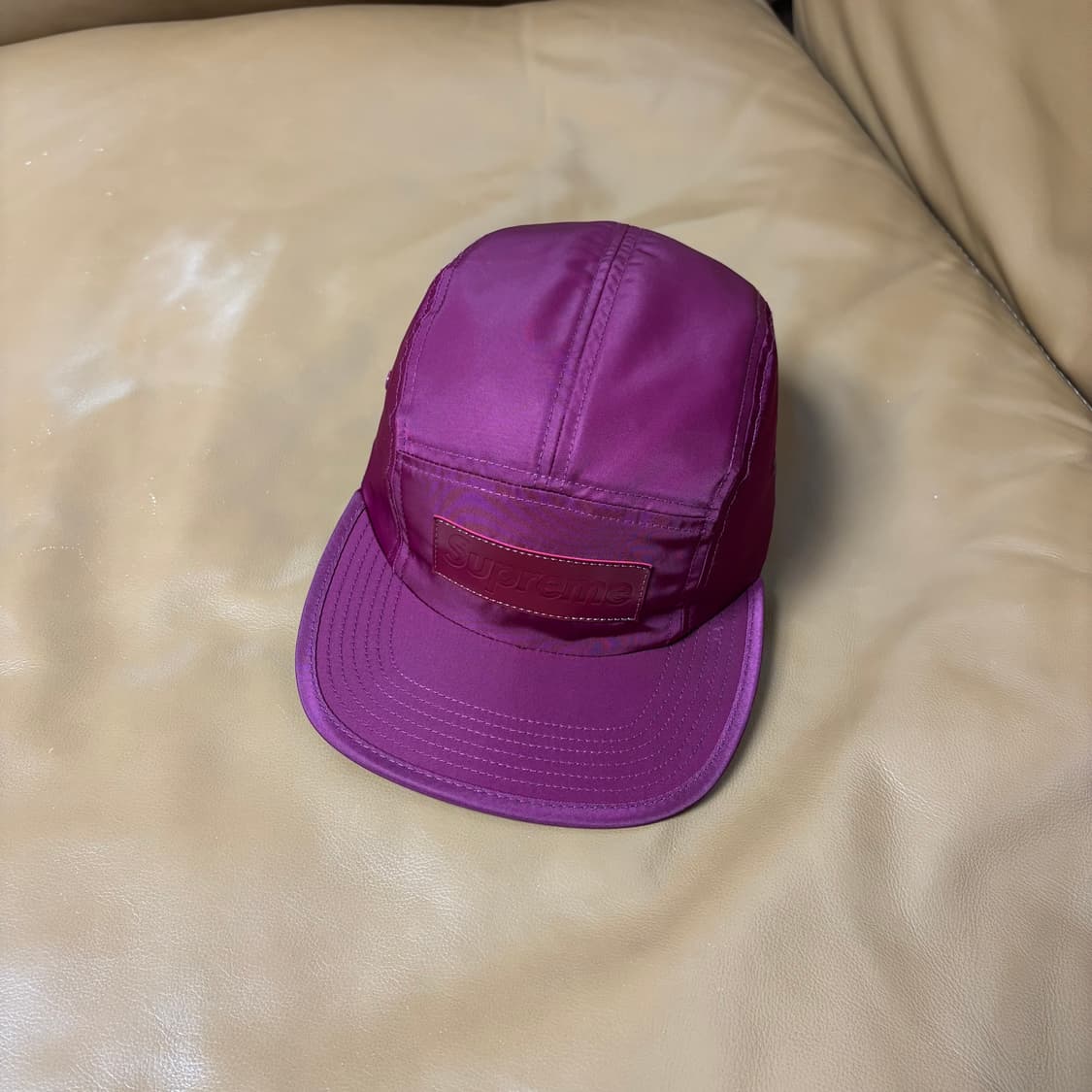 슈프림 캠프캡 모자 박스로고 레더 로고 버건디 상품이미지1