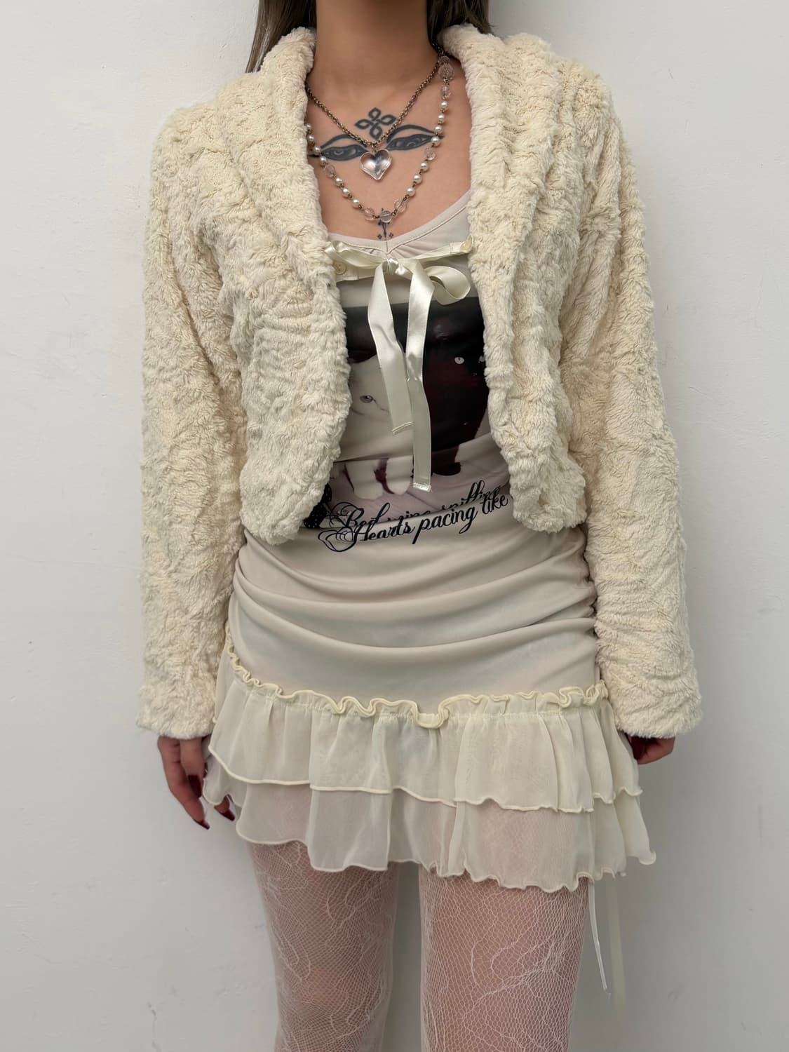 아이보리 리본 퍼 볼레로 자켓 상품이미지5