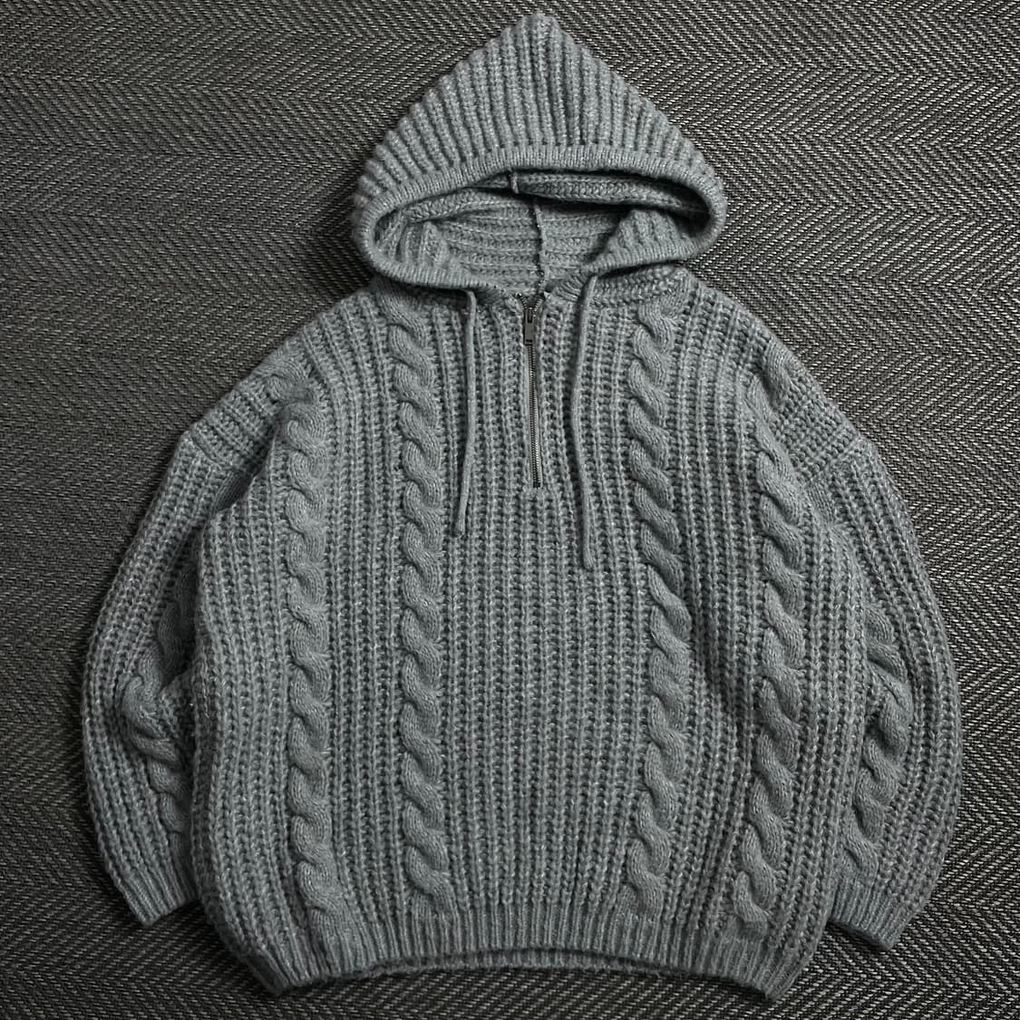 무드인사이드 꽈배기 후드 반집업 니트 그레이o 4116 상품이미지1