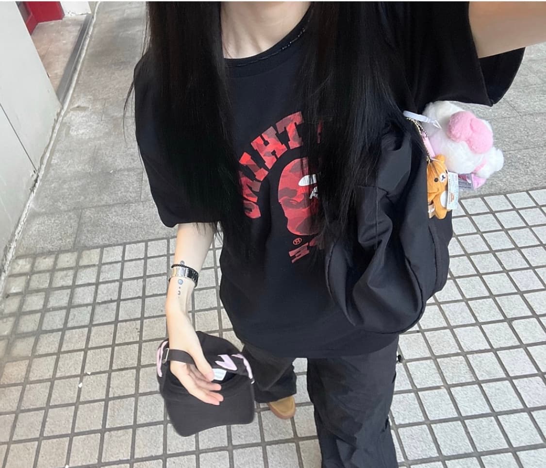 베이프 컬러 카모 컬리지 티셔츠 블랙 레드 M 상품이미지1