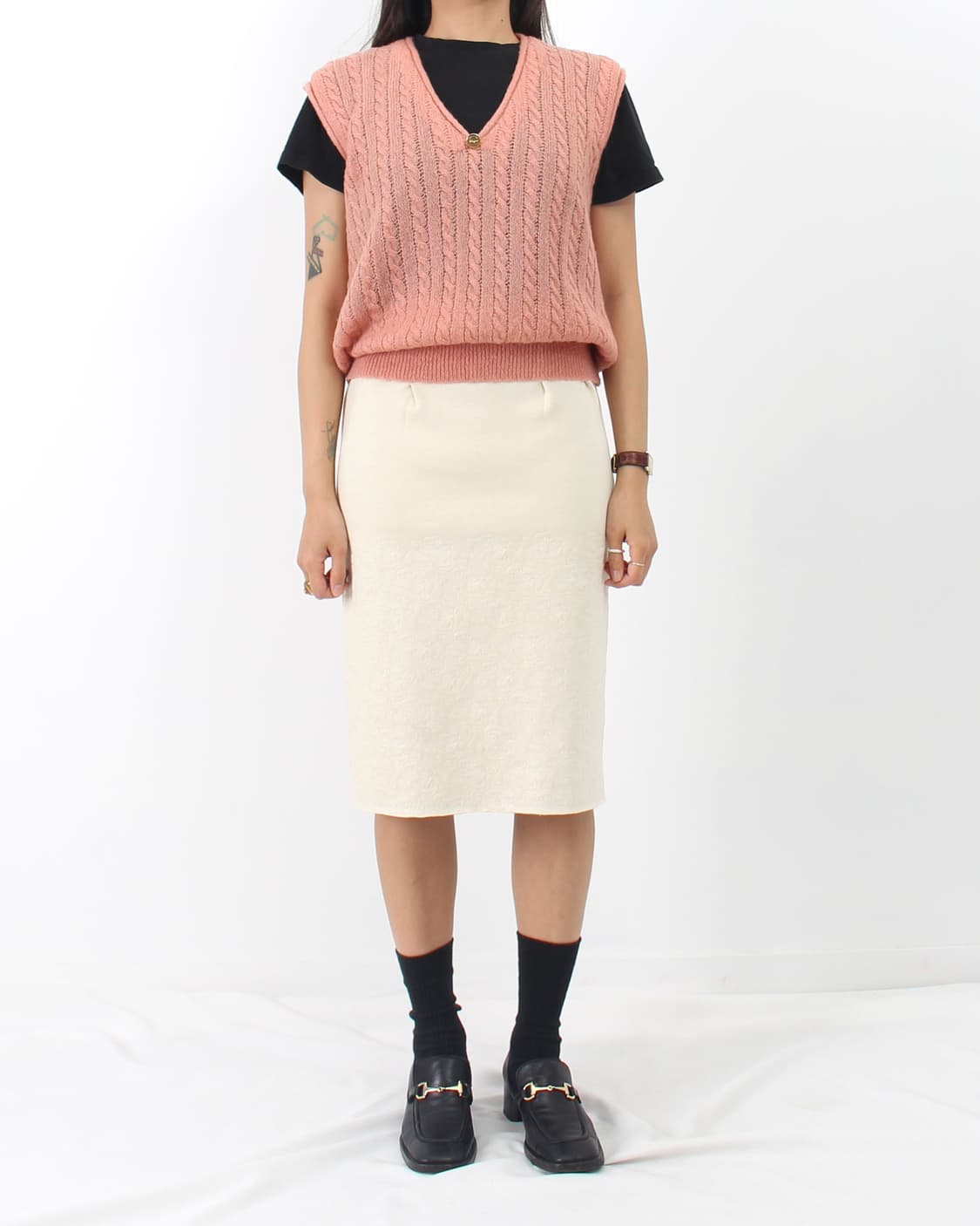 겐조 Kenzo 빈티지 자수 핀턱 H라인 아이보리 미디 스커트 치마 상품이미지8