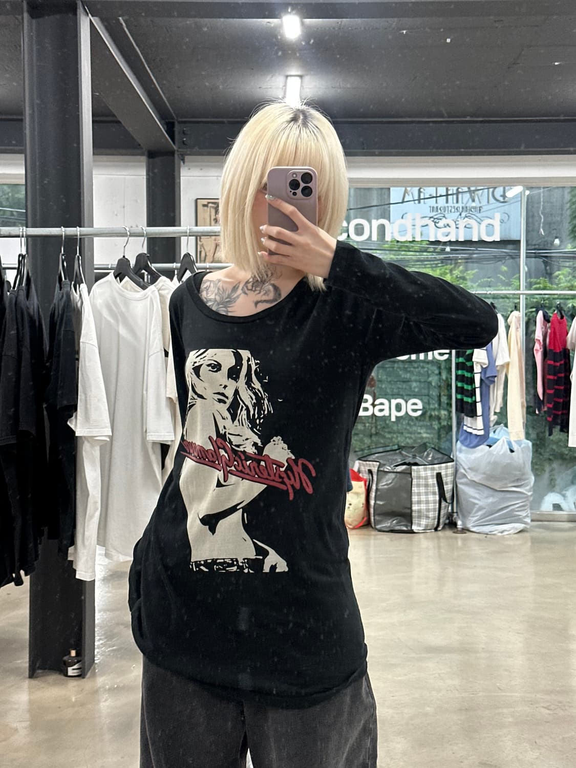 히스테릭 글래머 라운드넥 히스걸 프린팅 블랙 롱슬리브 긴팔 티셔츠 상품이미지1