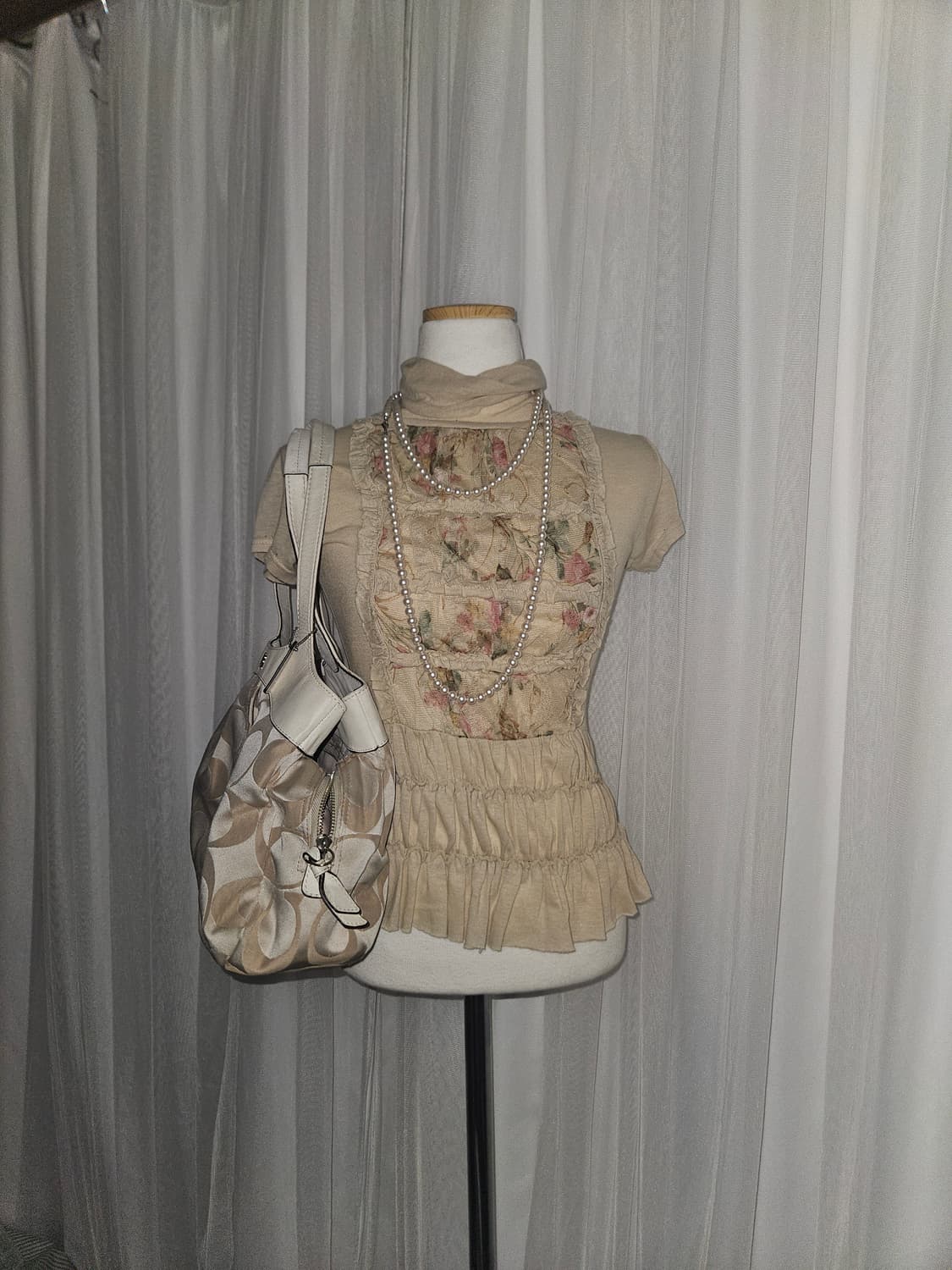 빈티지 오네갸루🌹 누디 로지 플라워 레이스 블라우스 상품이미지1