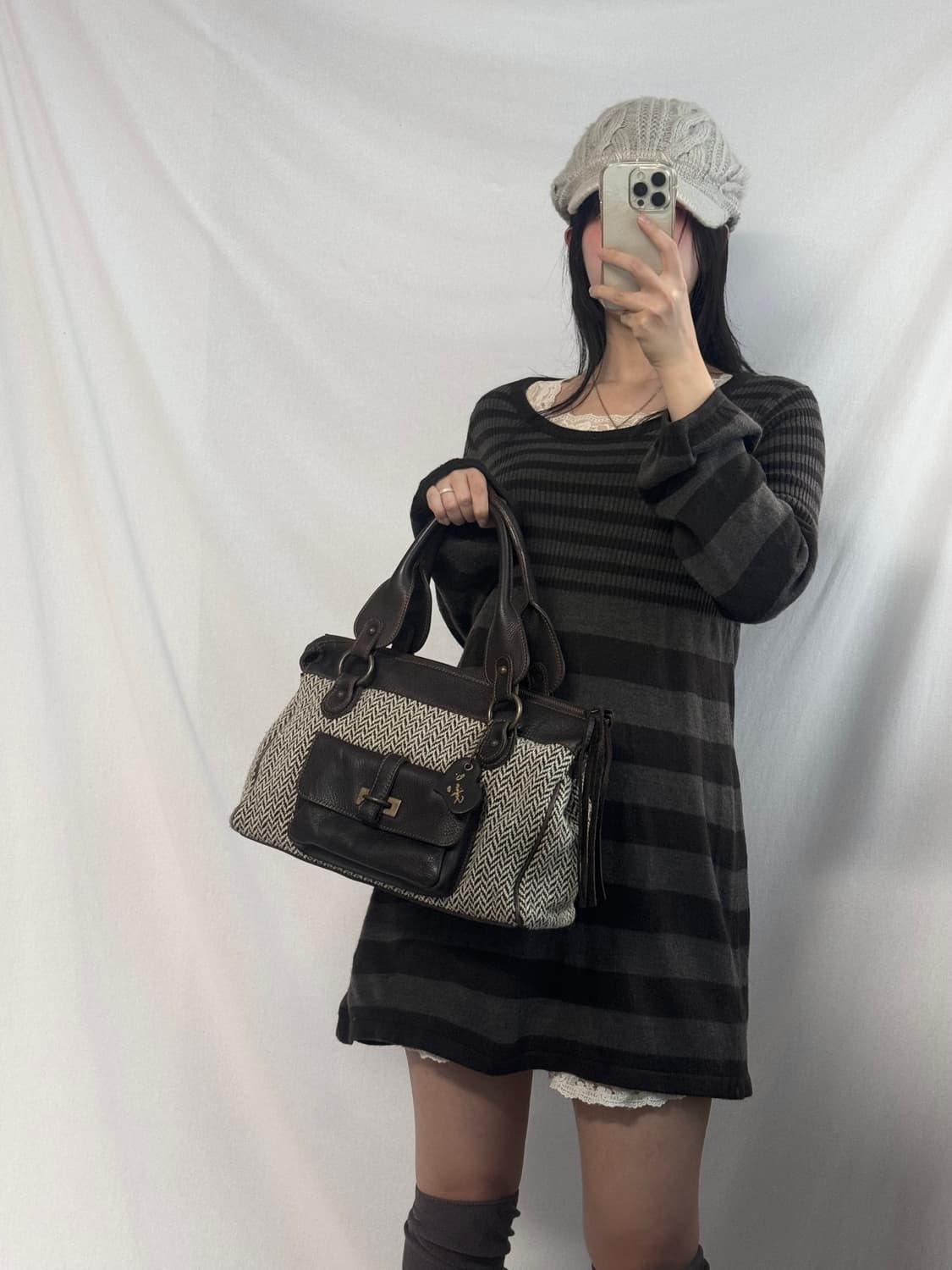 스트라이프 패턴 퍼프 슬리브 니트 원피스 (이너 세트 구매 가능) 상품이미지2