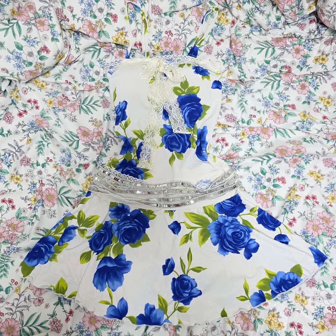 일본빈티지)페어리 블루로즈st 여름모리걸 플로럴 레이스 셔링 원피스 상품이미지3