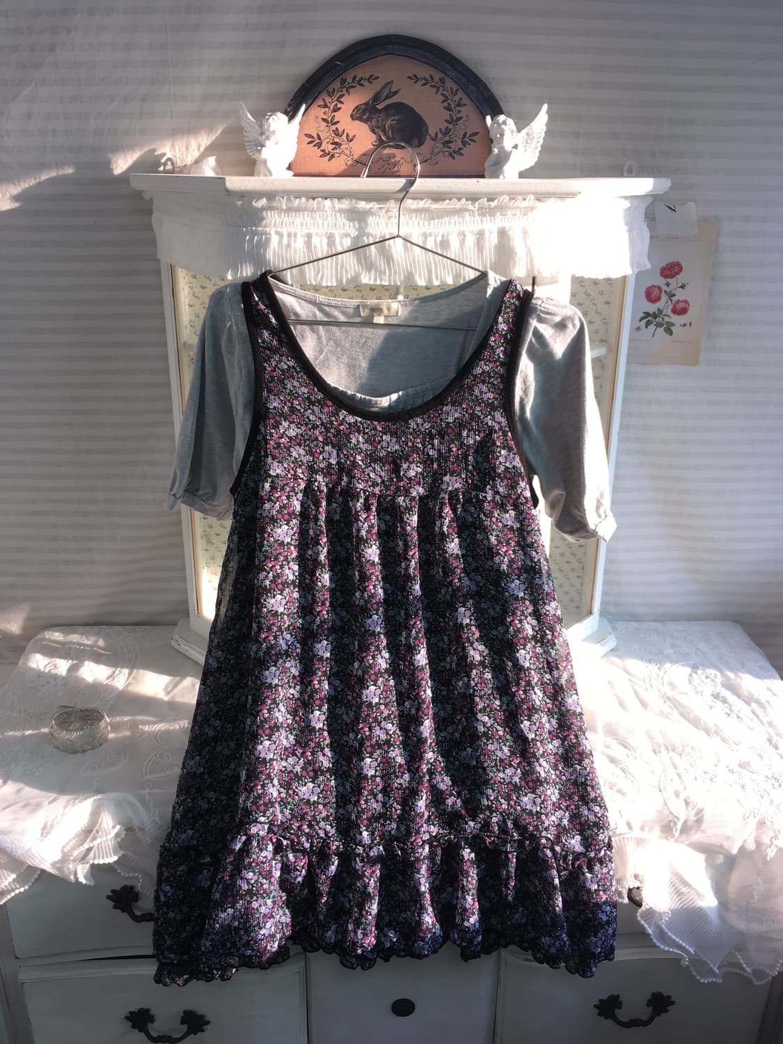 Set)하구미 꽃무늬 프릴 원피스 + 모리 그레이 티셔츠 상품이미지8