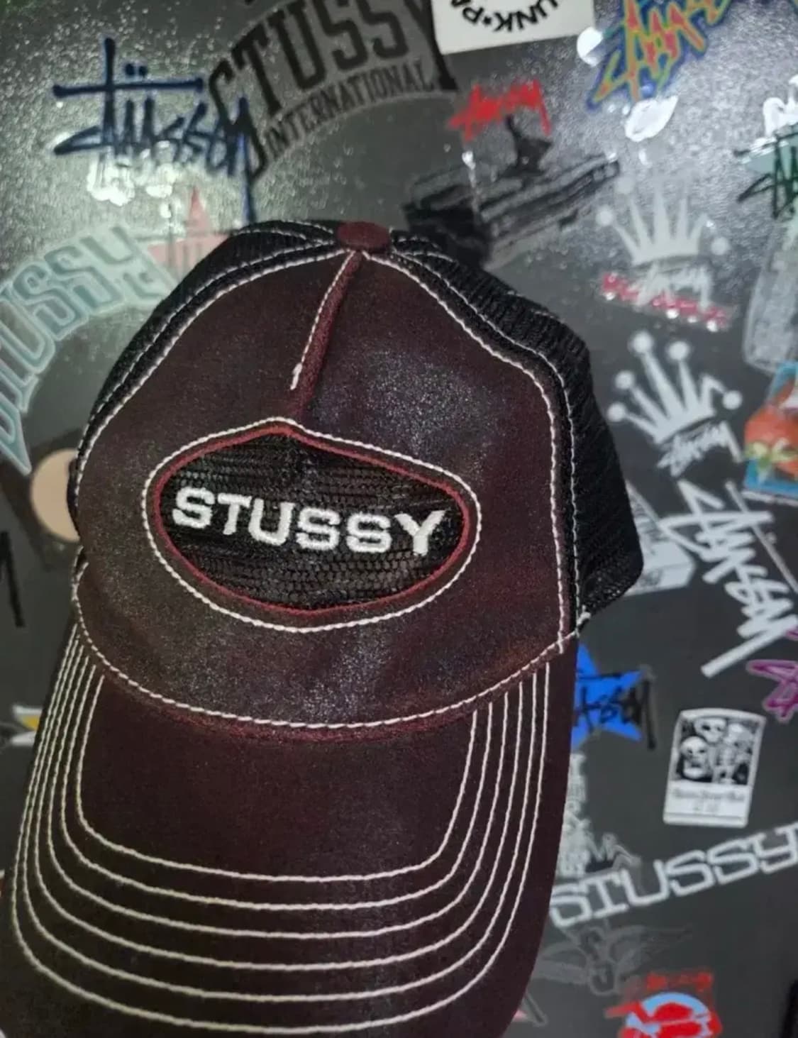 스투시 로우 프로 트러커 컷아웃 레더 스냅백 와인 상품이미지1
