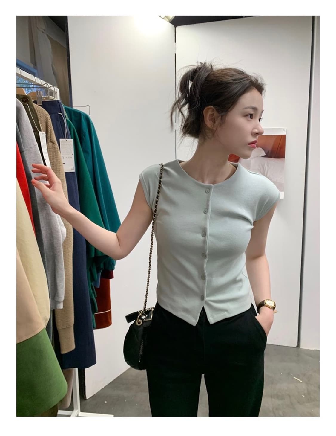 Aaran 어랜 버튼 포인트 캡 슬리브탑 민트 상품이미지2