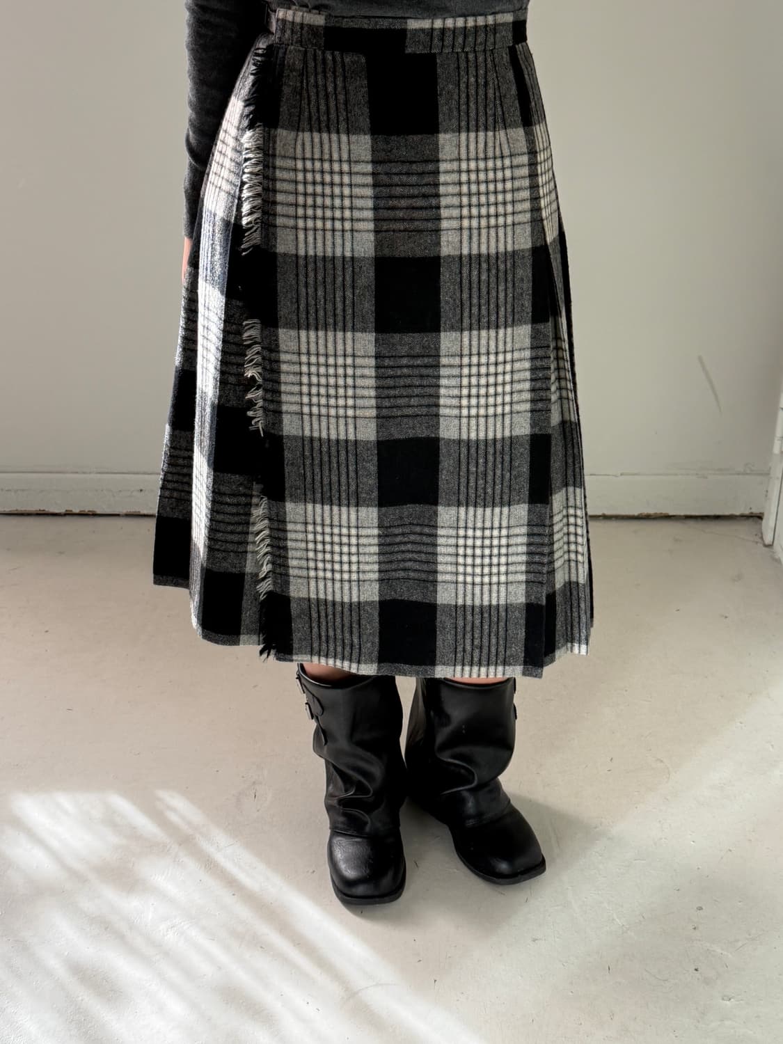 일본빈티지 체크 플리츠 울 미디스커트 상품이미지1