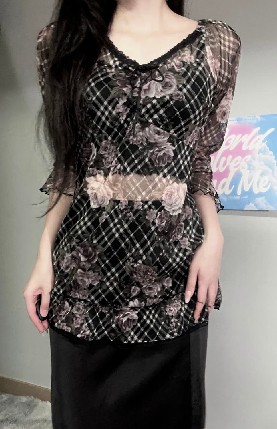 블랙 엔틱 고딕 로즈 장미 프릴 레이스 셔링 쉬폰 레이어드 블라우스 상품이미지2