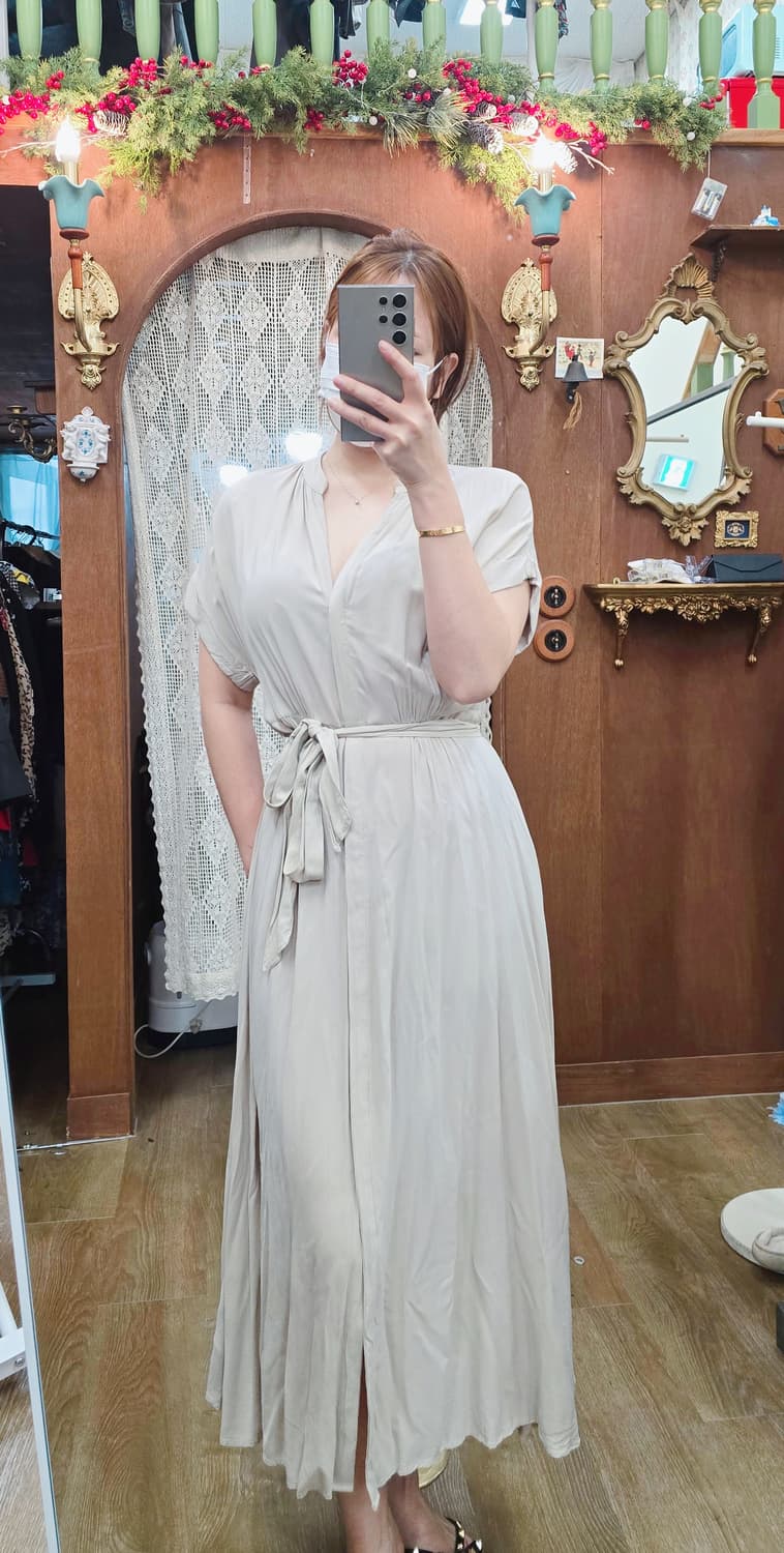 M) H&M 롱원피스 베이지 셔링 허리끈 여리핏 상품이미지1