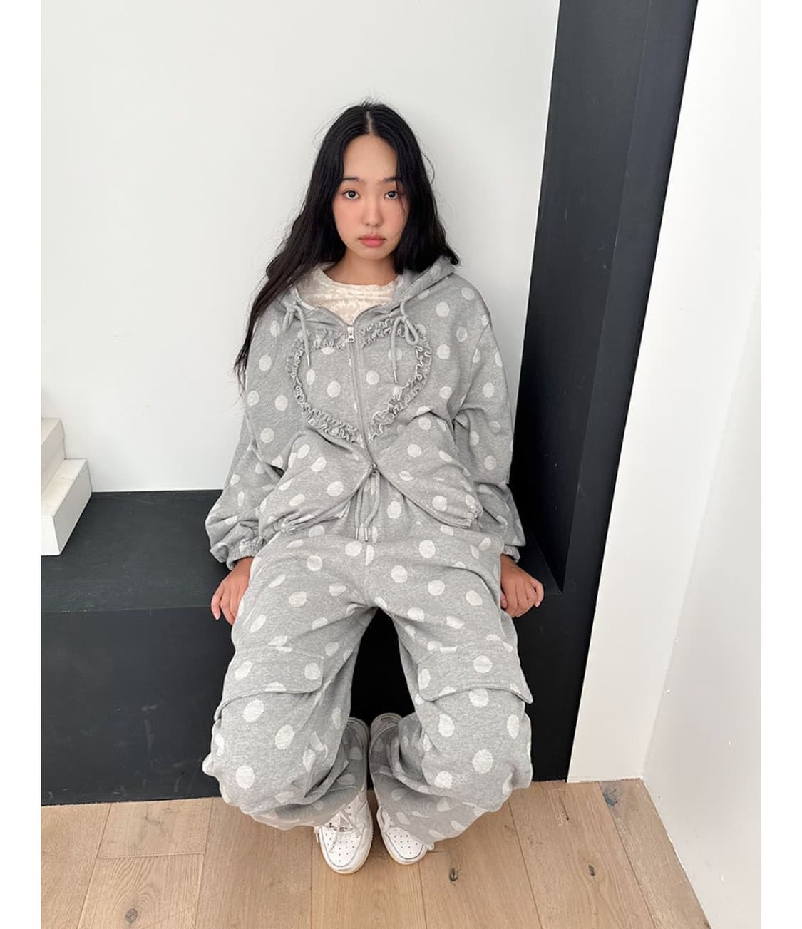 펀프롬펀 프릴 하트 후디 후드집업 도트 그레이 상품이미지2
