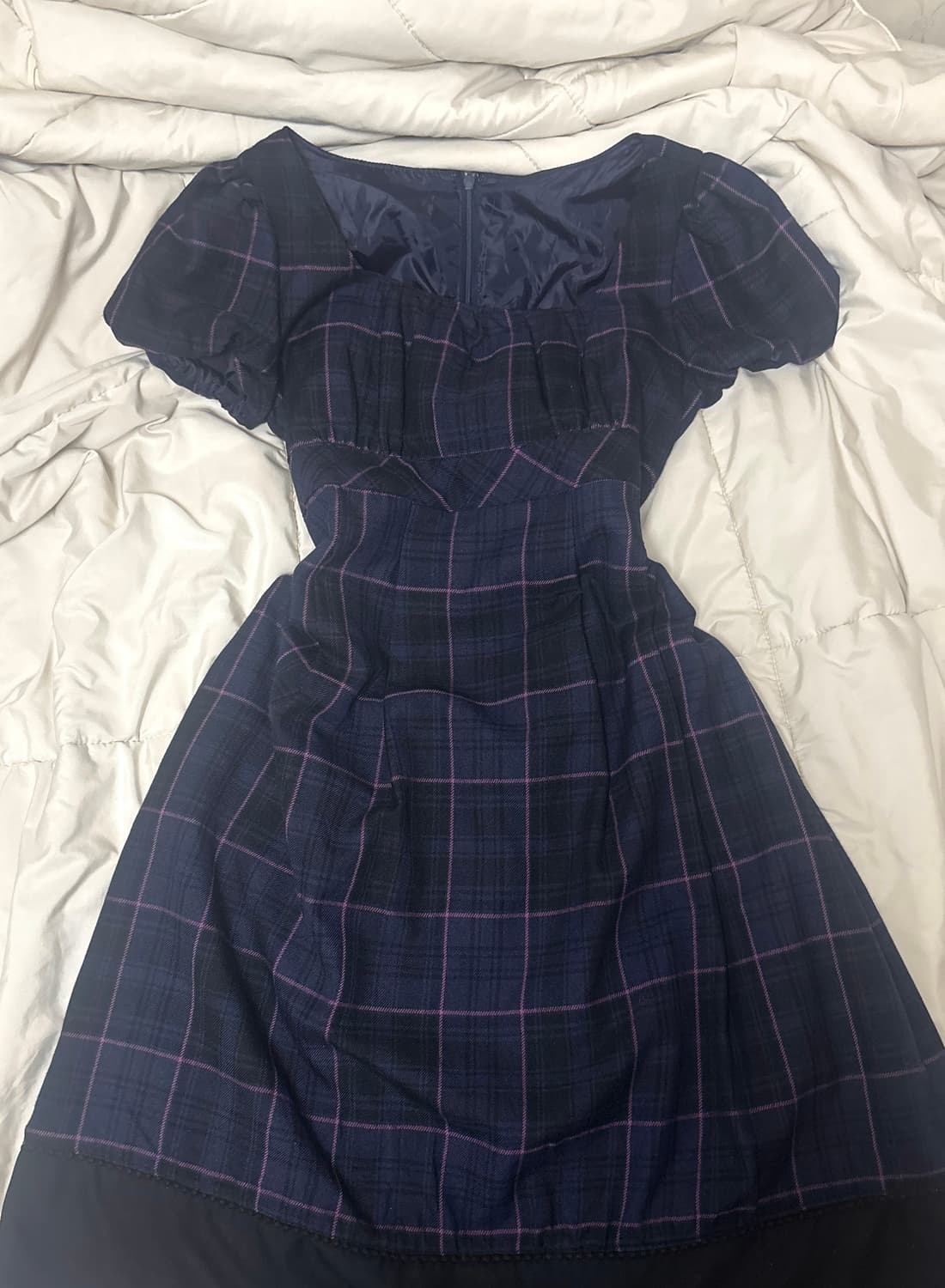 빈티지 체크 퍼프 원피스 네이비 상품이미지1