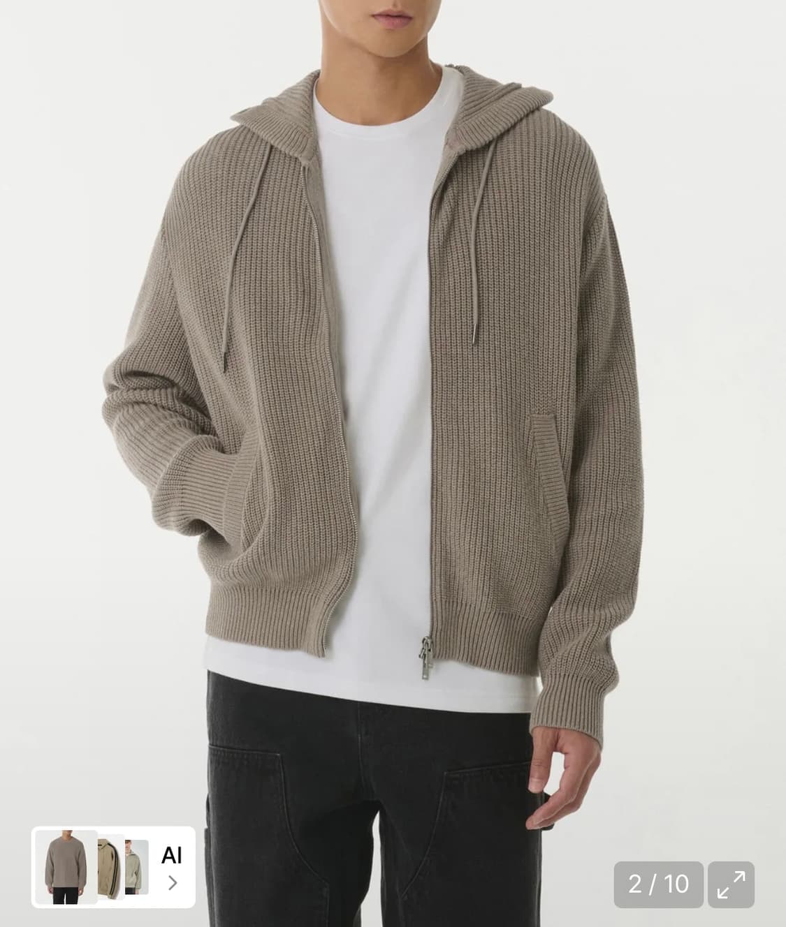 무탠다드 리브드 니트 후디드 집업 헤더 베이지 상품이미지2