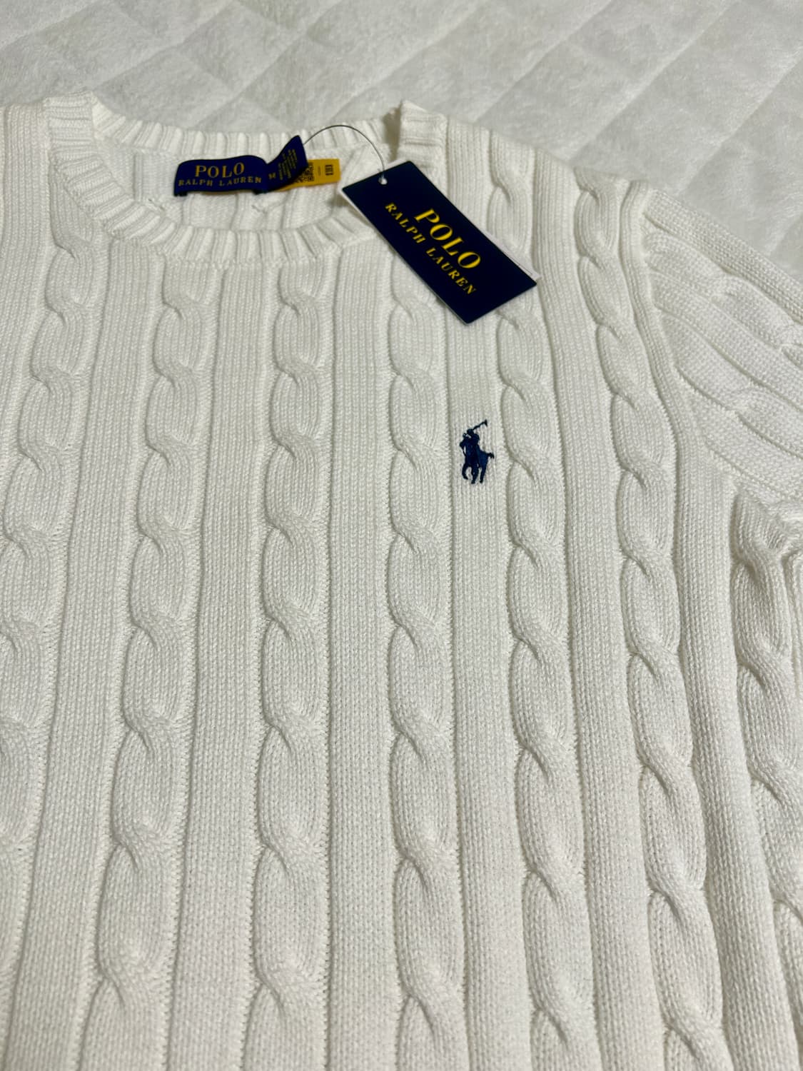 (새상품) 폴로 케이블 반팔니트 화이트  M 상품이미지2