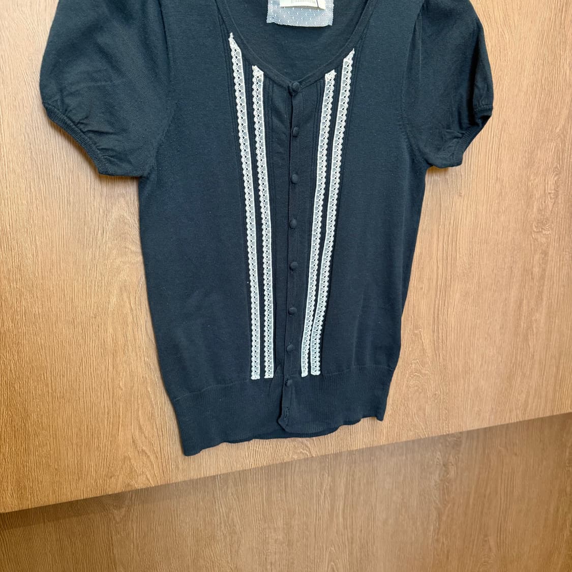 빈티지 라운드넥 반팔 니트 가디건 프릴 라인 디테일 네이비 상품이미지4