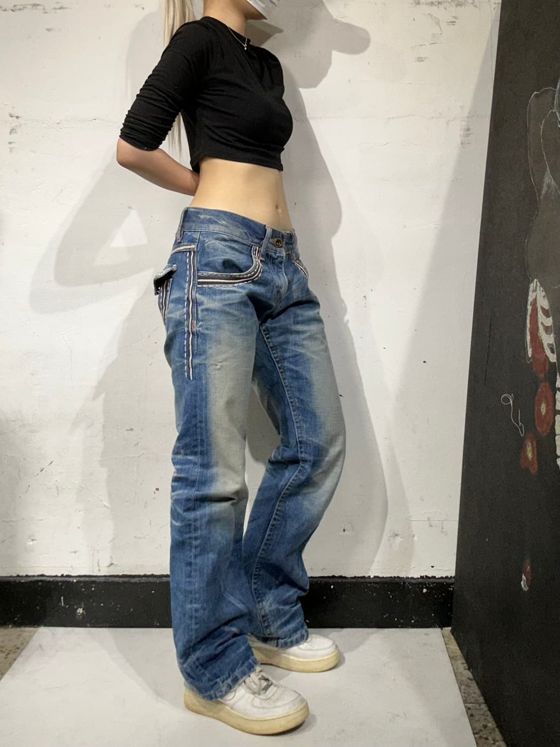로리타 진스 y2k 연청 와이드 워싱 자수 데님 팬츠 힙합 새깅 청바지  상품이미지1