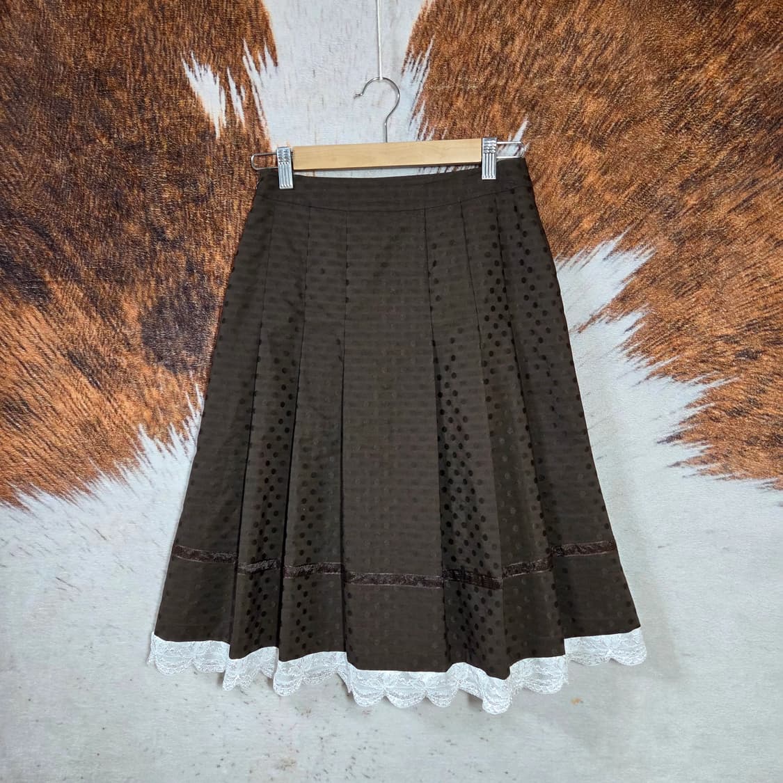 브라운 모리걸 도트 프릴 플리츠 미디스커트 상품이미지4