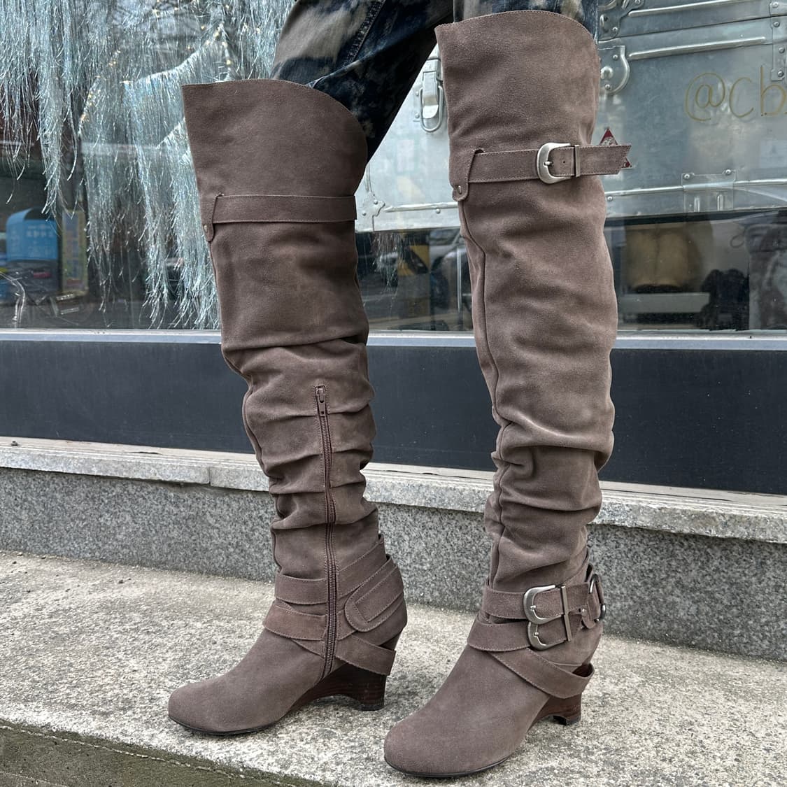 리얼 스웨이드 오버니 롱 버클 웨지 부츠 상품이미지9