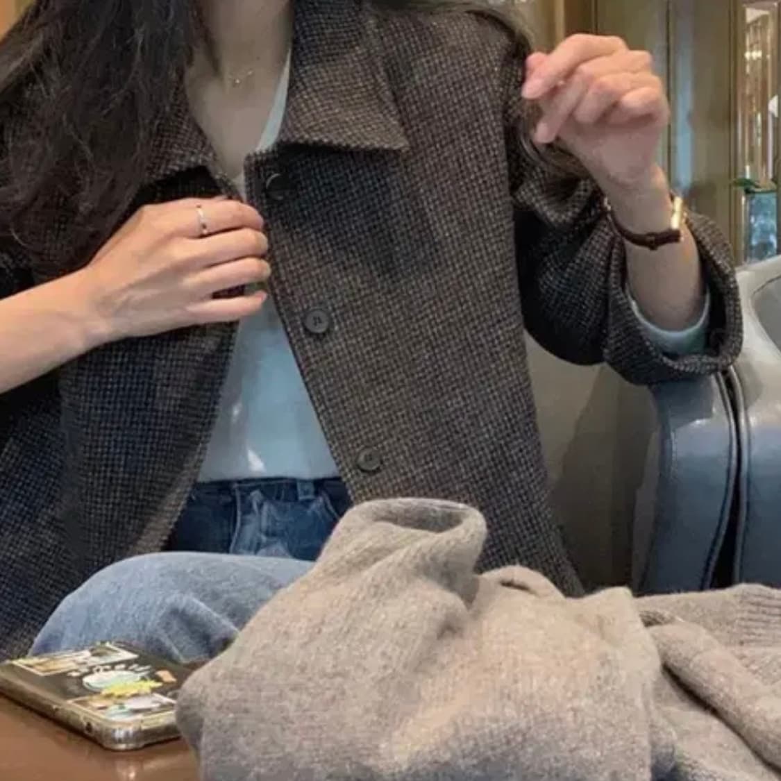 베르가못 레이 숏 체크 자켓 딥브라운 상품이미지1