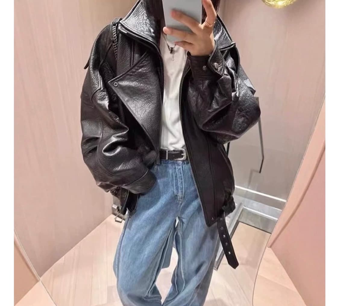 POMTOR 여성 봄 가을 클래식 캐주얼 루즈핏 PU 가죽 코트 라이더자 상품이미지2