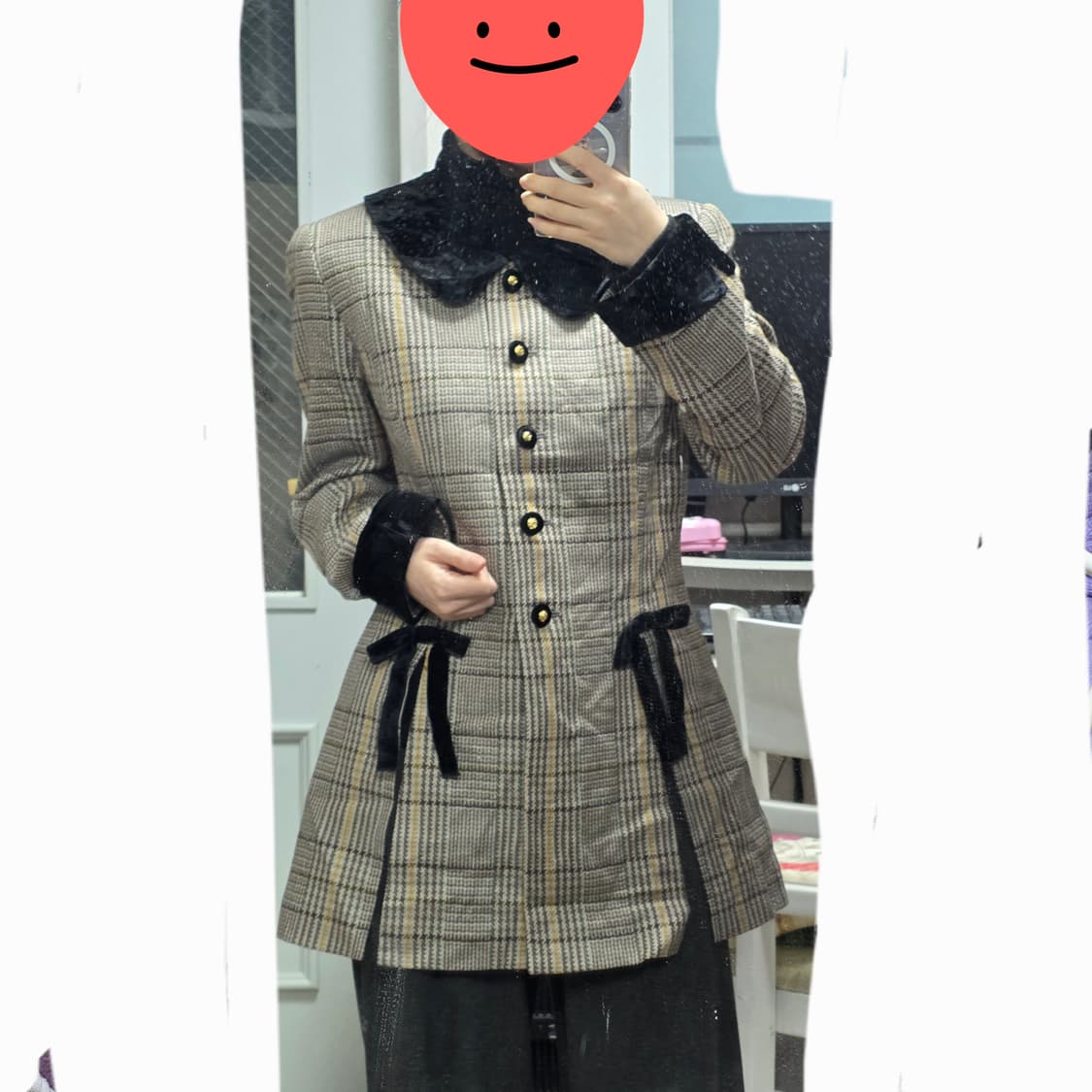 일본빈티지)히메라떼갸루st 체크벨벳 리본 트임 로맨틱 엑팜깔 코트 상품이미지2