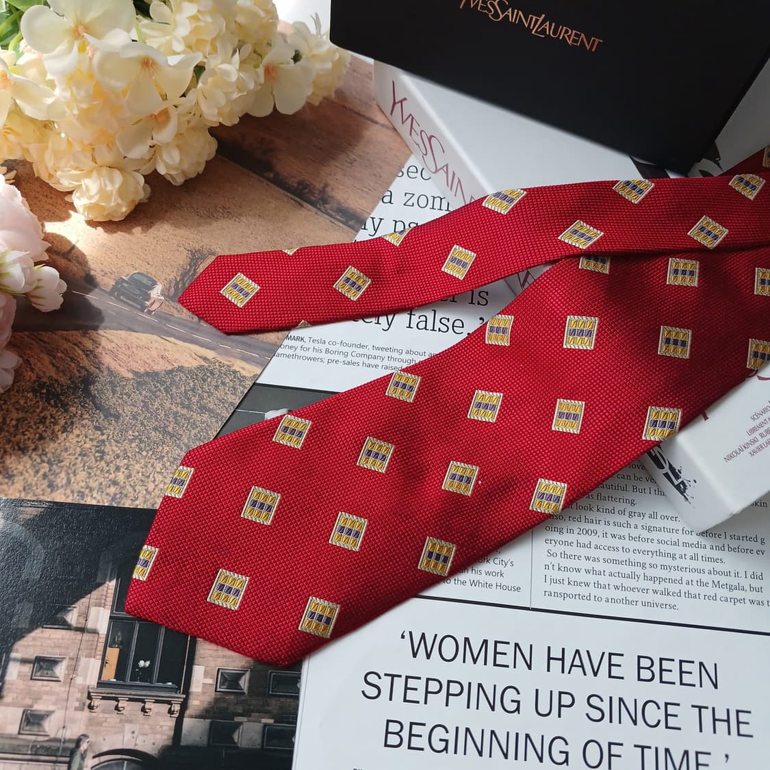 입생로랑 실크 레드 자카드 넥타이 9.6cm A등급 E958 상품이미지3