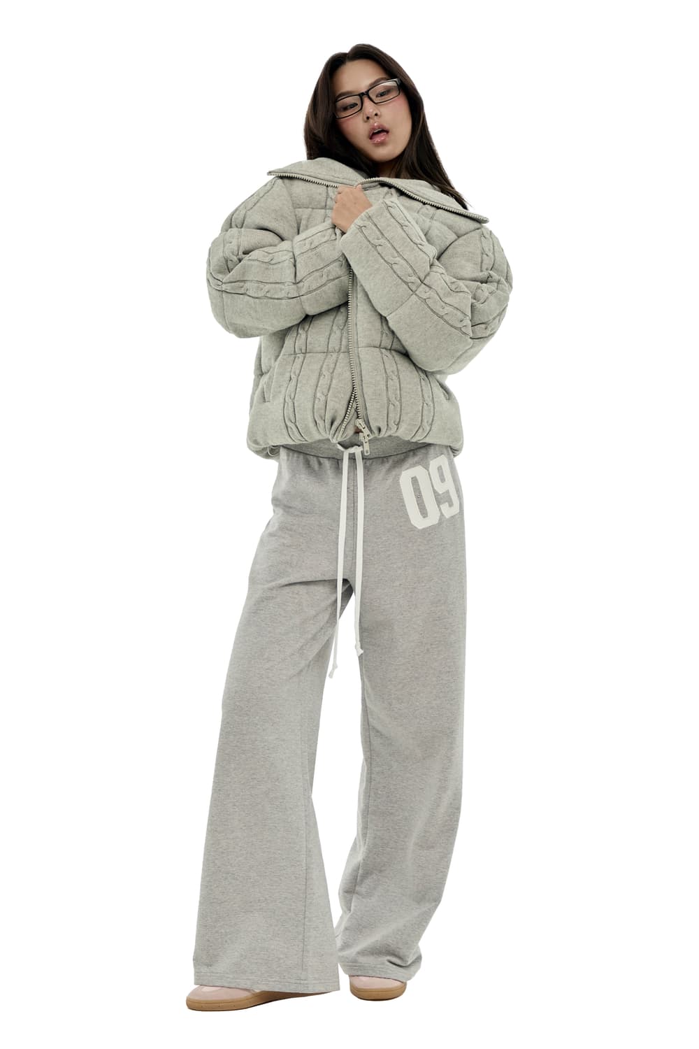 클리시어 케이블 니트 푸퍼 패딩 그레이 상품이미지4