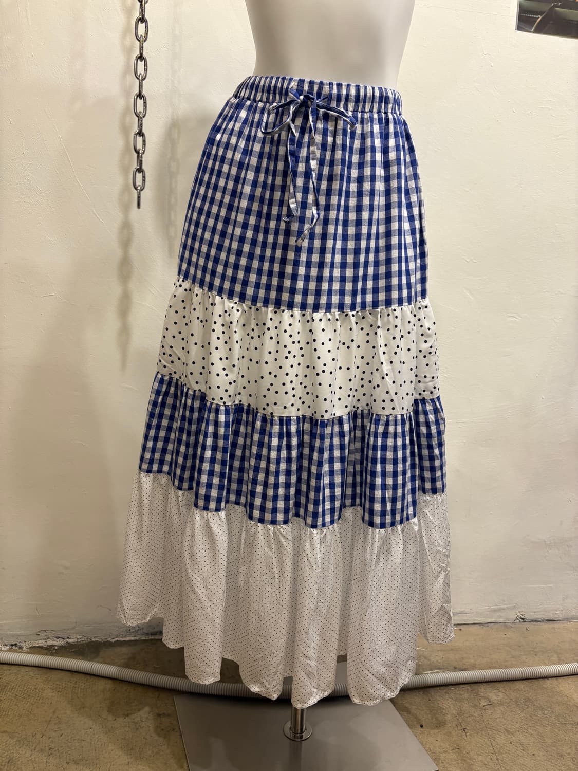 블루 체크 도트 패치워크 롱스커트 모리 상품이미지1