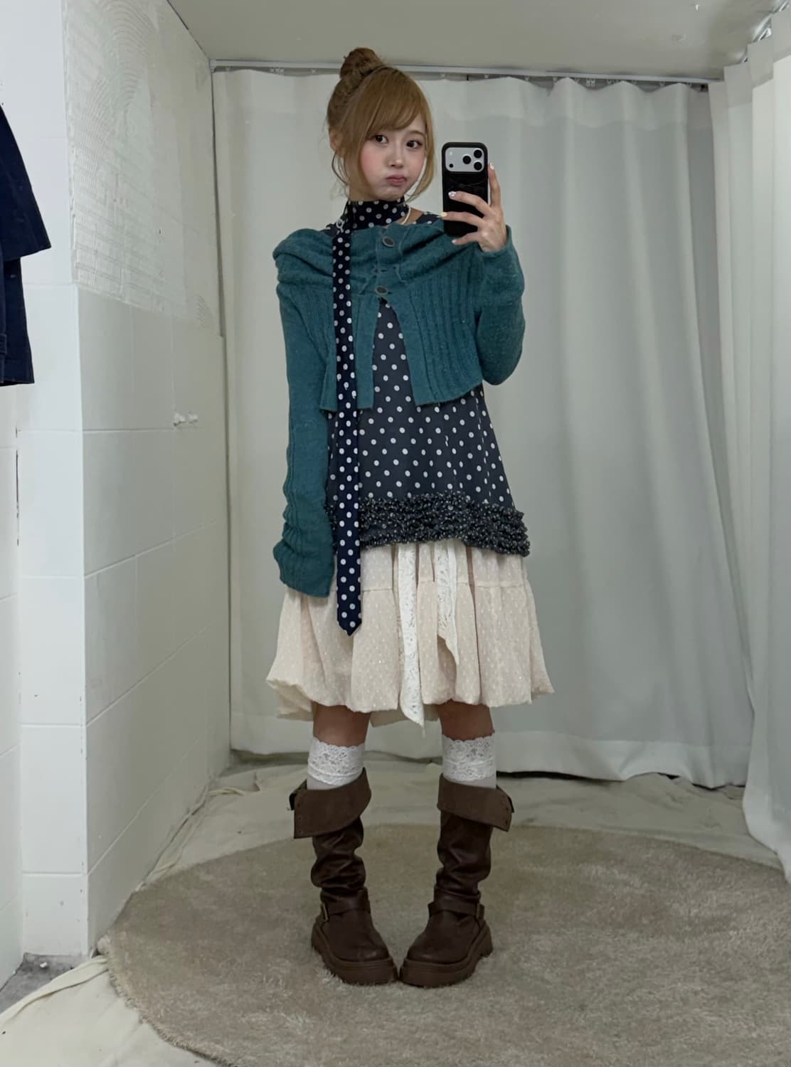 네이비 숏트렌치 청록 니혼진 도트 코디세트 상품이미지2